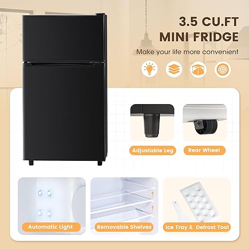 Miniatura 4 de Manastin Mini refrigerador de 3.5 pies cúbicos con congelador, refrigerador pequeño de 2 puertas, termostato ajustable de 7 niveles, refrigerador