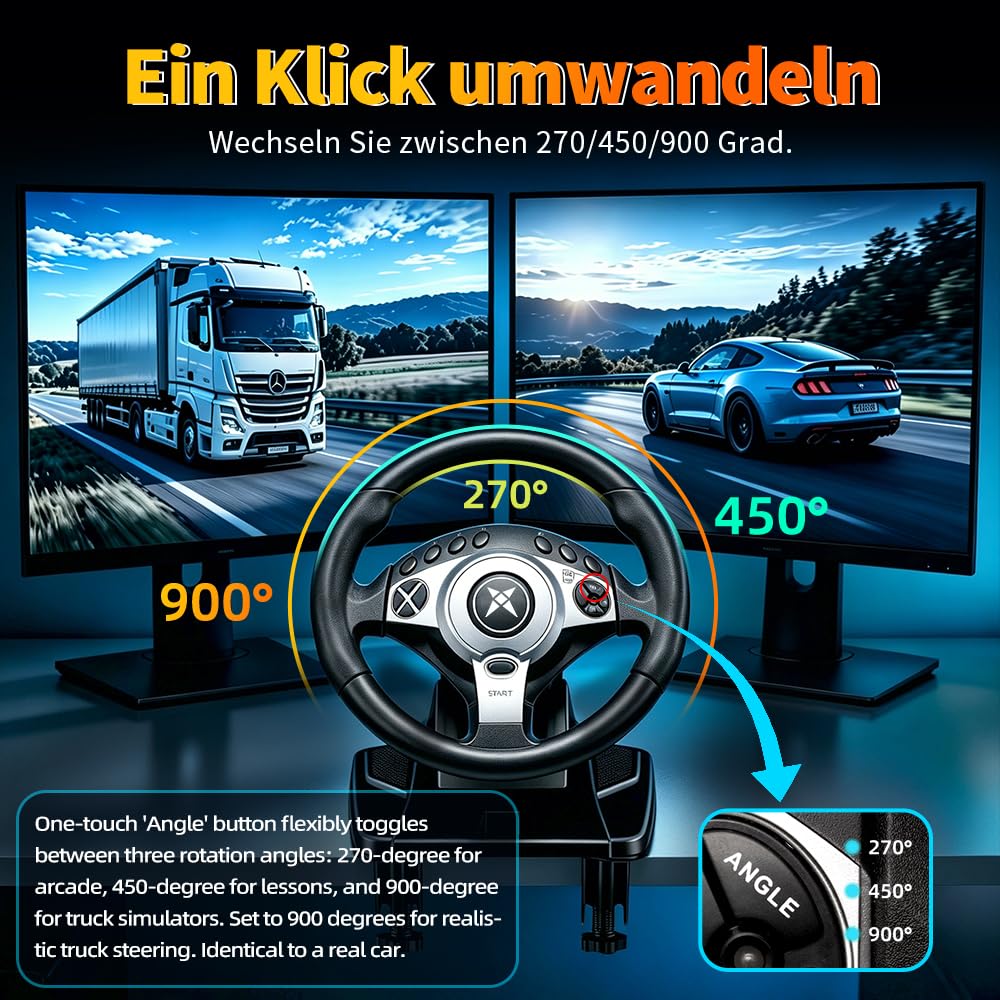 DOYO Rennrad mit 270/400°/900° Drehung, PC-Lenkrad mit Pedalen, Dual-Motor Vibration & Getriebeschalter für PS3, PS4, PC, Switch