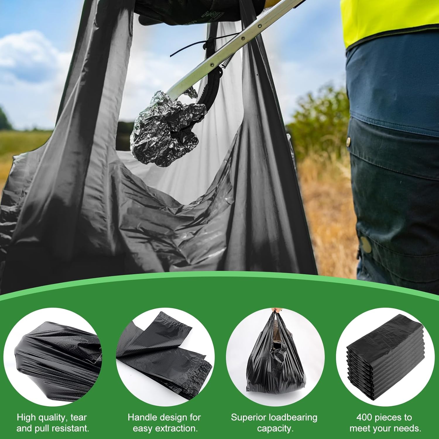 400Pcs 25.5"X 15.7"Plastic T Shirt Bags with Handles,25 MIC Heavy Duty Black Grocery Bags,Large Disposable Plastic Bags for Shopping Restaurant Retail Grocery Stores - Image 4