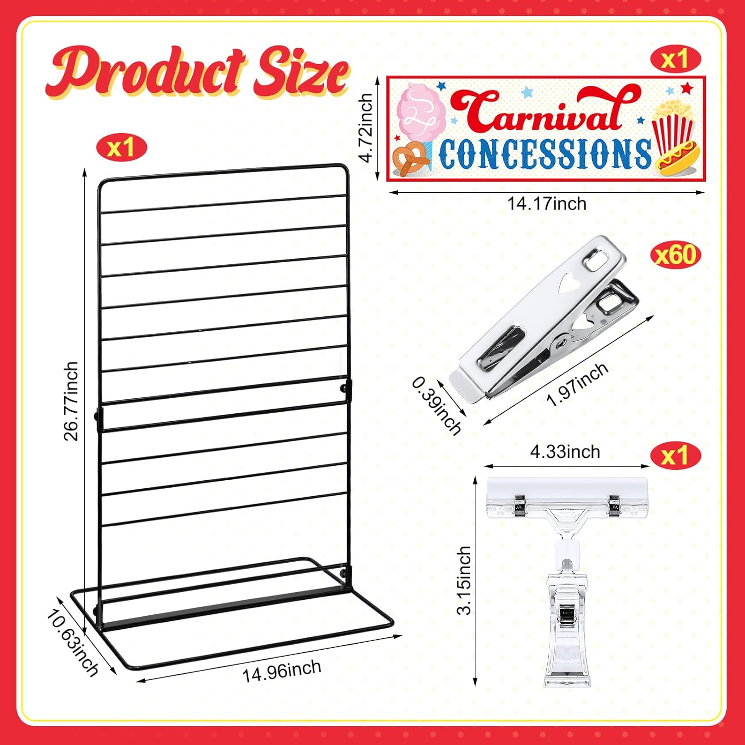 Geelin Carnival Party Potato Chip Rack Table Decor Concessions Sign and Display Stand with 60 Clips Countertop Snack Holder for Bags Metal Storage Candy Rack Christmas for Birthday Party