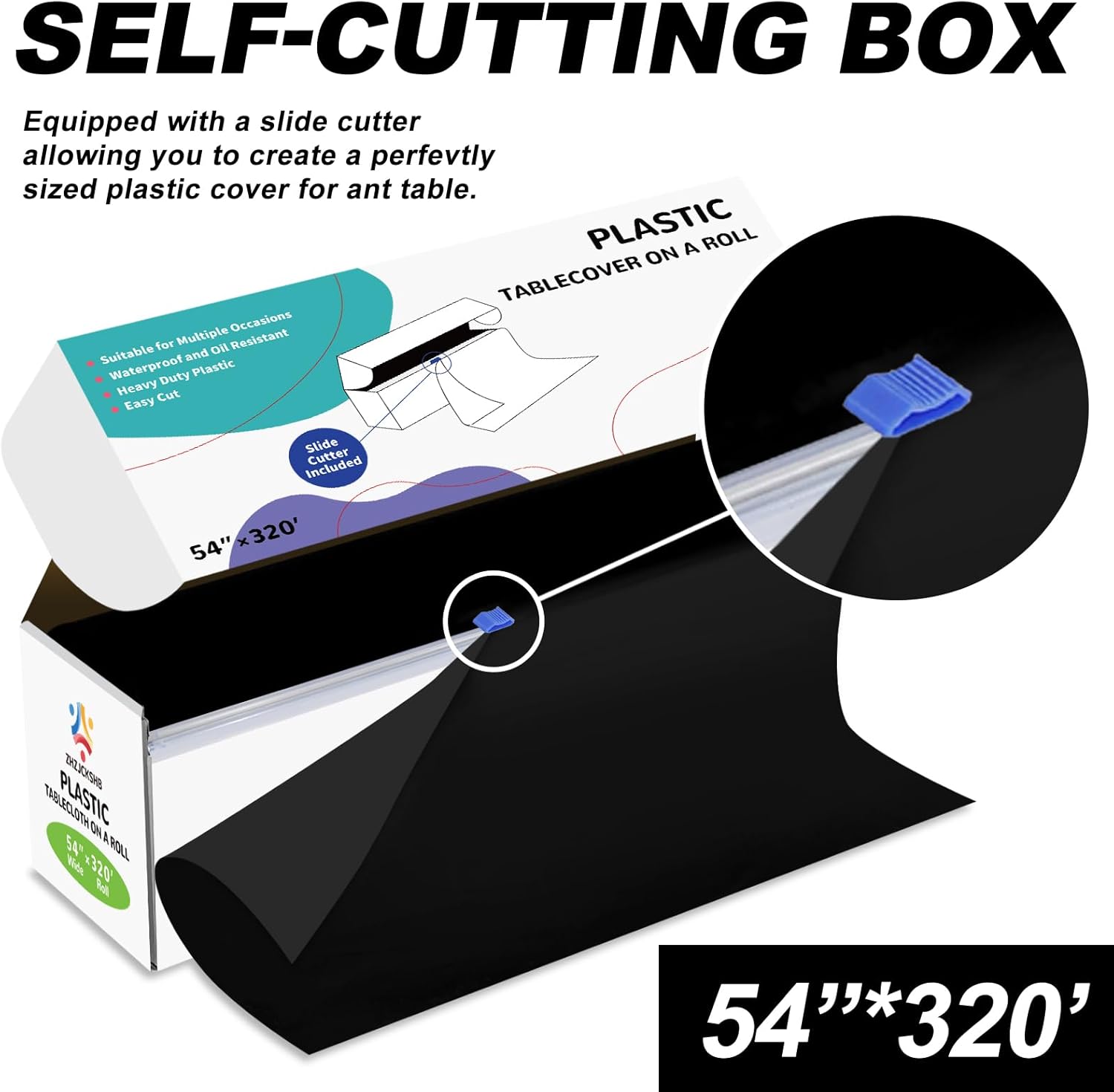 54in x 320ft plastic table cover roll with cutter box, cut to size plastic table cloths for parties, birthday, disposable tablecloth roll for all shape tables (black, 54 inch x 320 feet) black 3840" x 54" (rectangular)