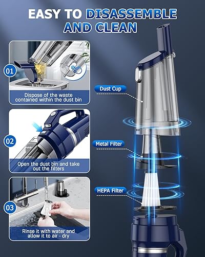 Miniatura 8 de AHNR Aspiradora de mano inalámbrica, 16000 PA, potente succión de mano, eliminadores de polvo sin cables, recargable con luz LED y 2 filtros HEPA,