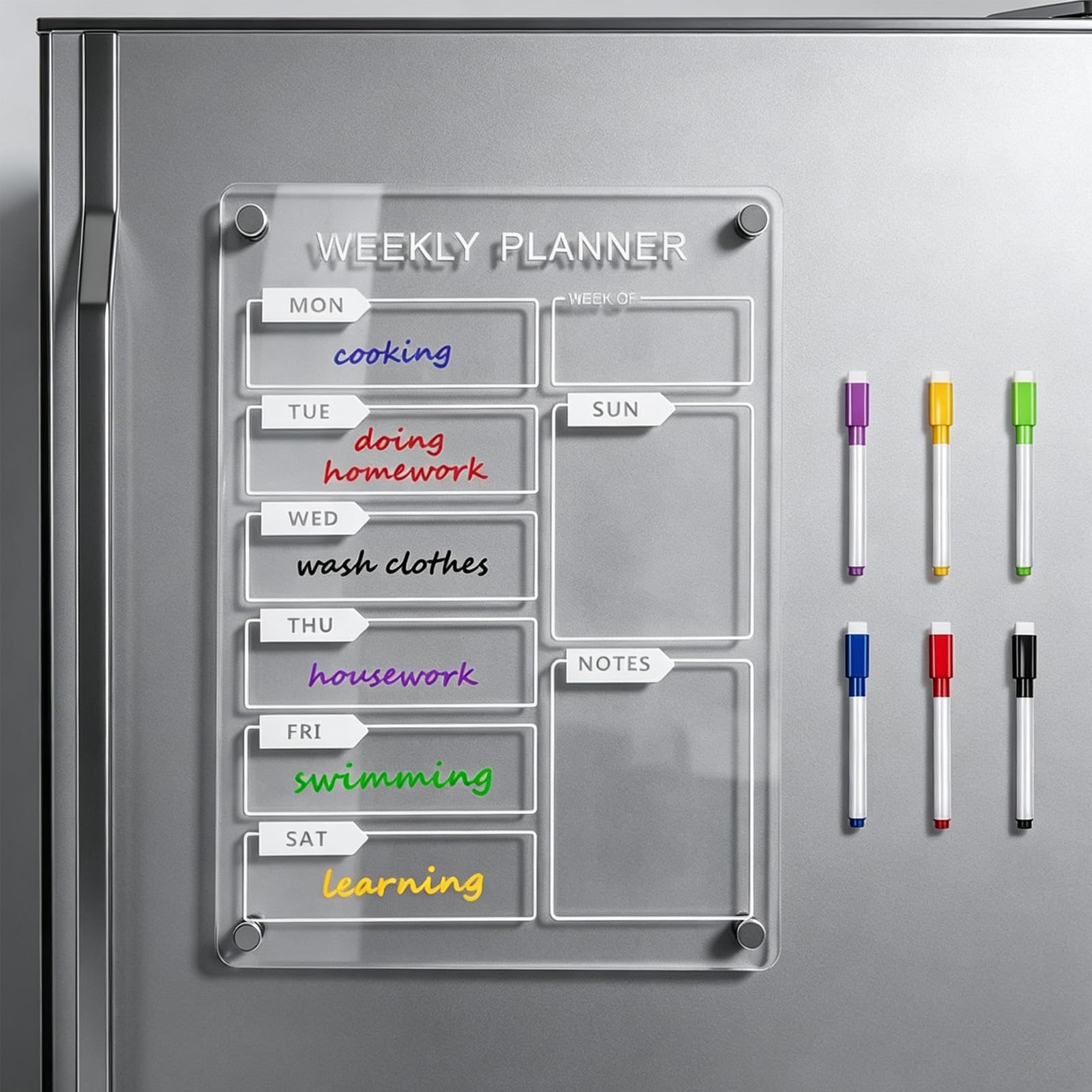 Magnetic Acrylic Meal Planner 8" ร 12" Weekly Planner Clear Magnetic Calendar Board Fridge Meal Planner Board with 6 Markers for Memo Reminders Food Planning Shopping List