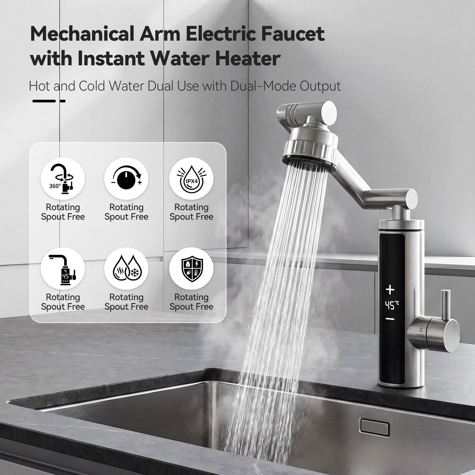 Wasserhahn mit Durchlauferhitzer, Warmwasserhahn Dlektrisch, Elektrischer Heiß- und Kaltmischer Wasserheizhahn mit digitaler Anzeige, 230 V Edelstahl Wasserhahn mit 360° drehbarem (Sliver)