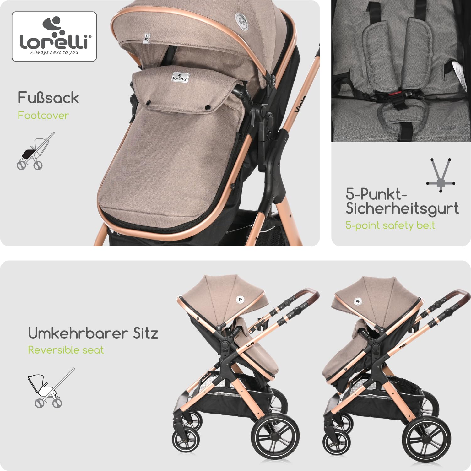 Lorelli Viola Kinderwagen 3 in 1 mit Babyschale, Babywanne umwandelbar in Sportsitz, Baby Kombikinderwagen bis 22kg, Zusammenklappbar, Große Gummireifen, Großer Einkaufskorb, Fußsack, Beige
