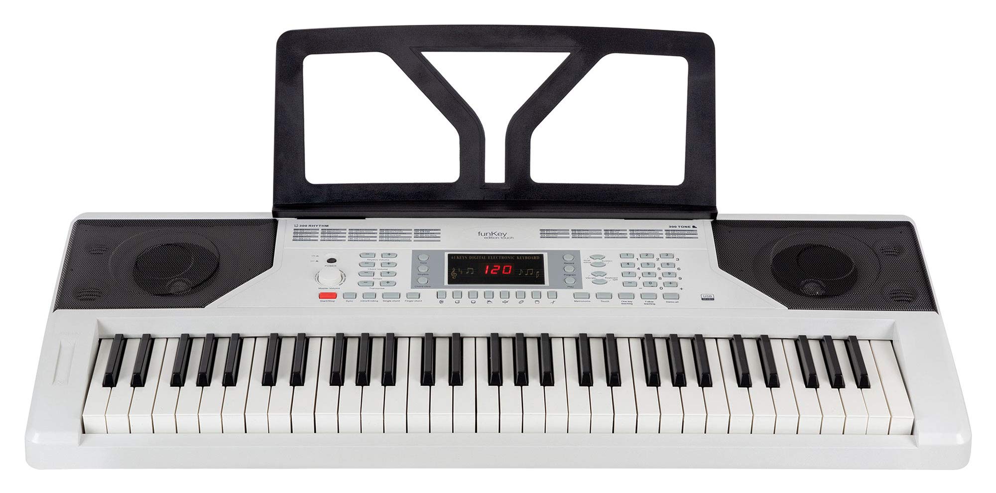 FunKey 61 Edition Touch weiß Set inkl. Keyboardständer + Bank, LC-Display | 61 anschlagsdynamische Standard-Keyboardtasten, 300 Sounds, 300 Rhythmen, 40 Demosongs, 8 Percussion-Pads, Effekte: Sustain