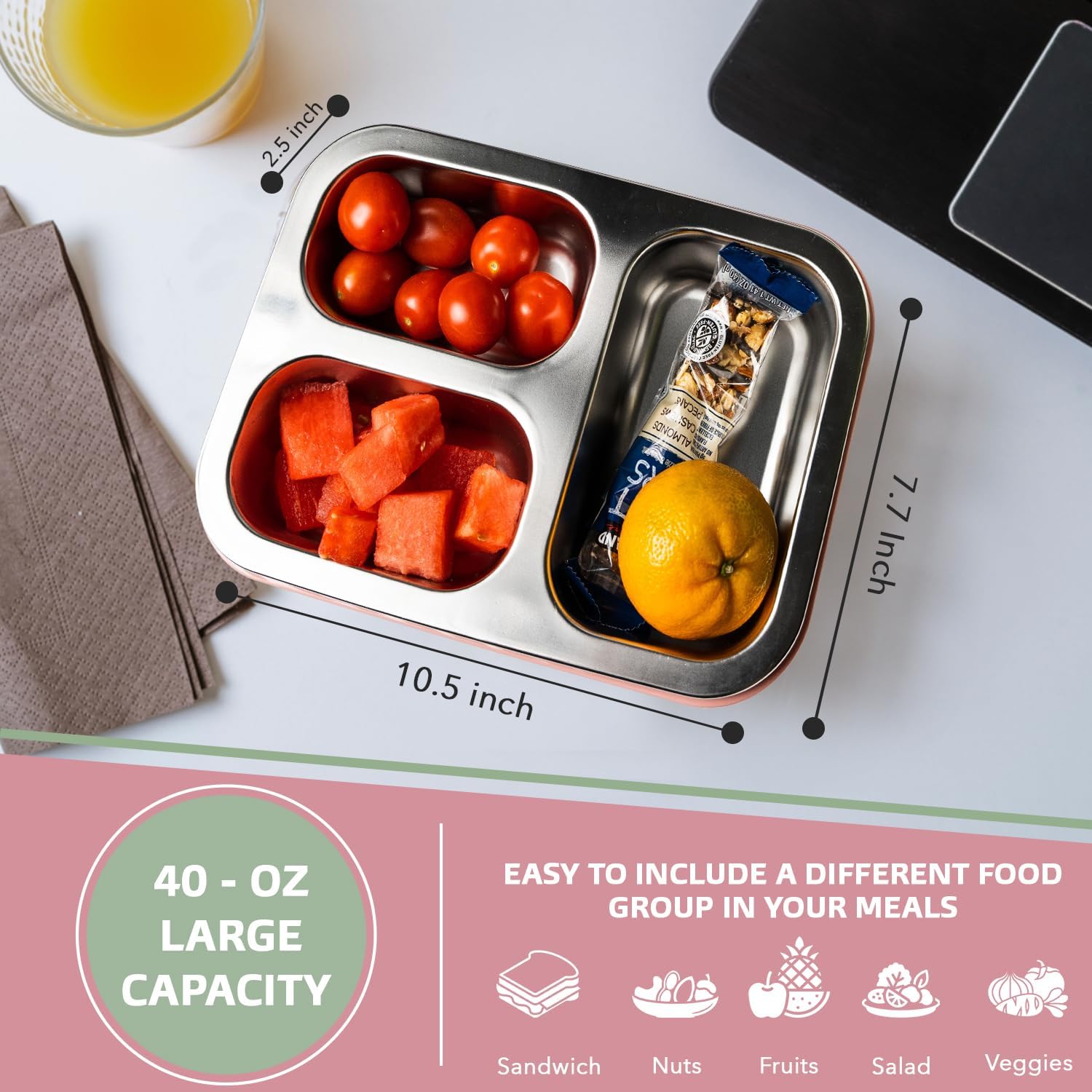 Large Stainless Steel Bento Box for Adults – 3 Compartment, 40oz Meal Prep Lunch Box with Lid, Reusable Snack Container for Men & Women, Dishwasher Safe, Blue - Image 2