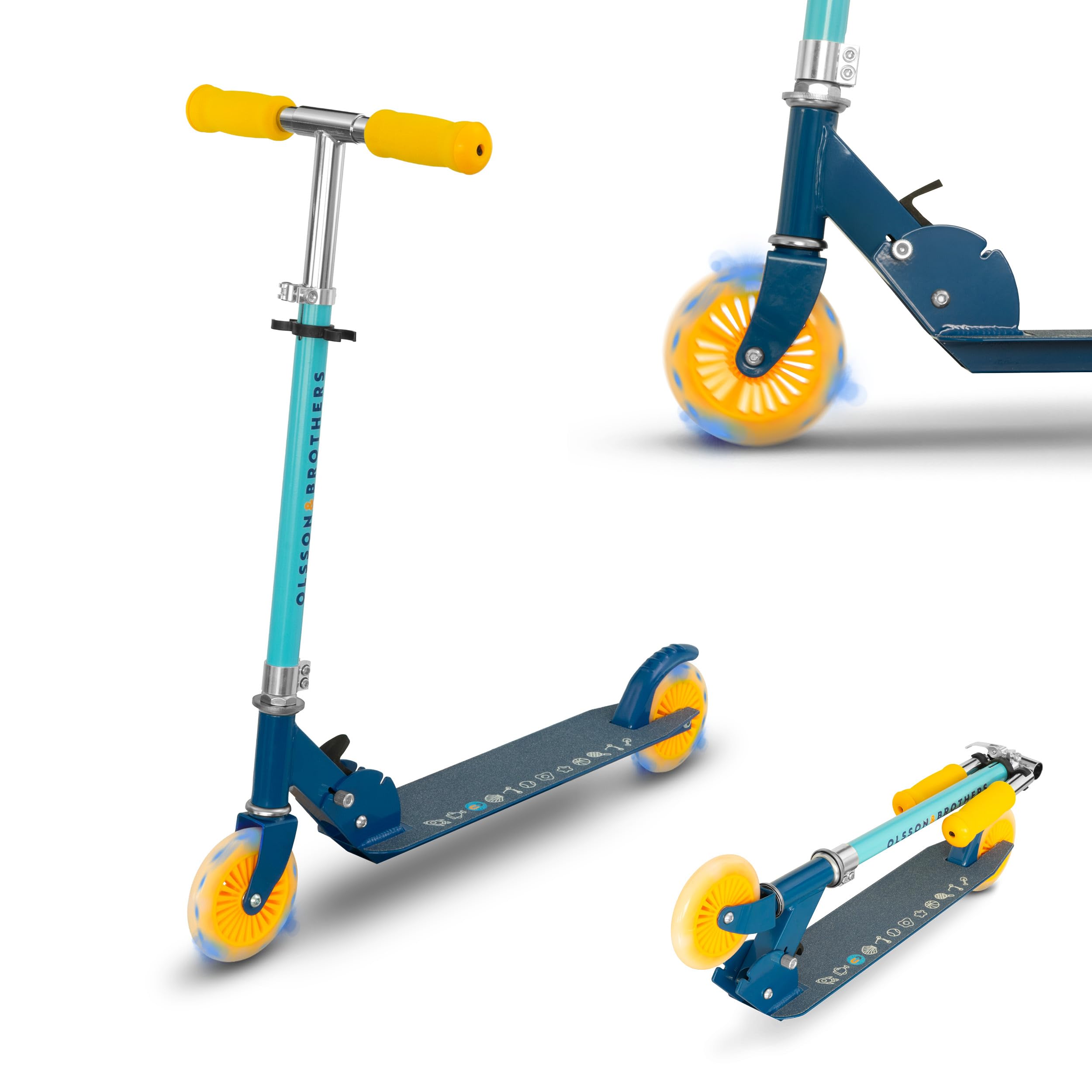 Patinete Niño con Luces LED OLSSON Rocket - Manillar Altura Regulable (70-87cm) con Giro 360º - Ruedas PU 120mm con Luces LED - Rodamientos ABEC 7 - Freno Trasero - Plegable