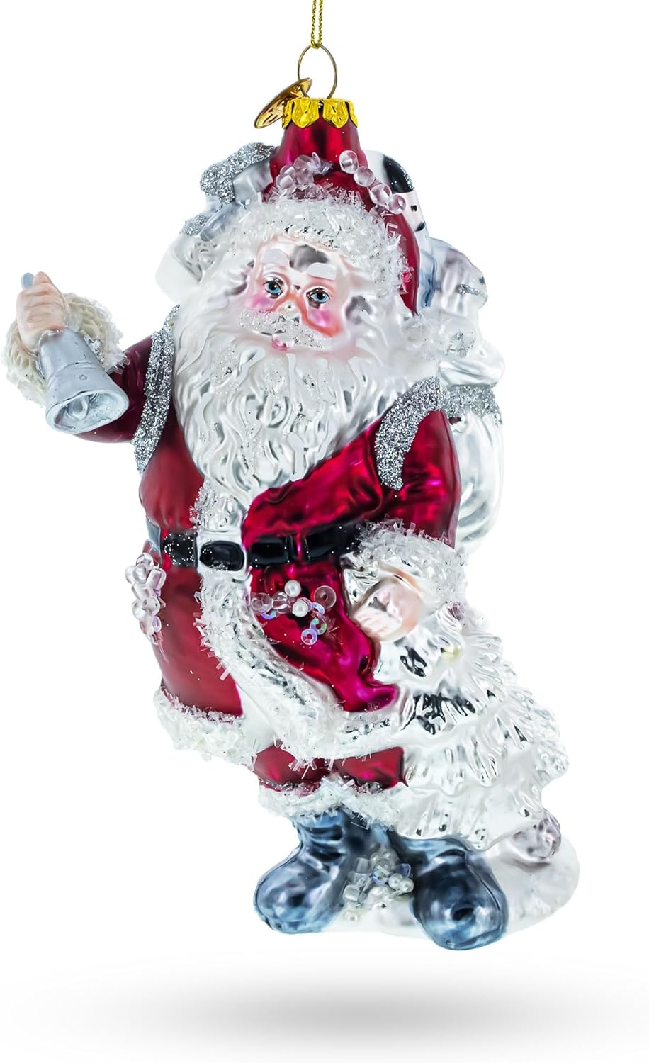 Classic Santa Claus Holding Bell Glass Christmas Ornament