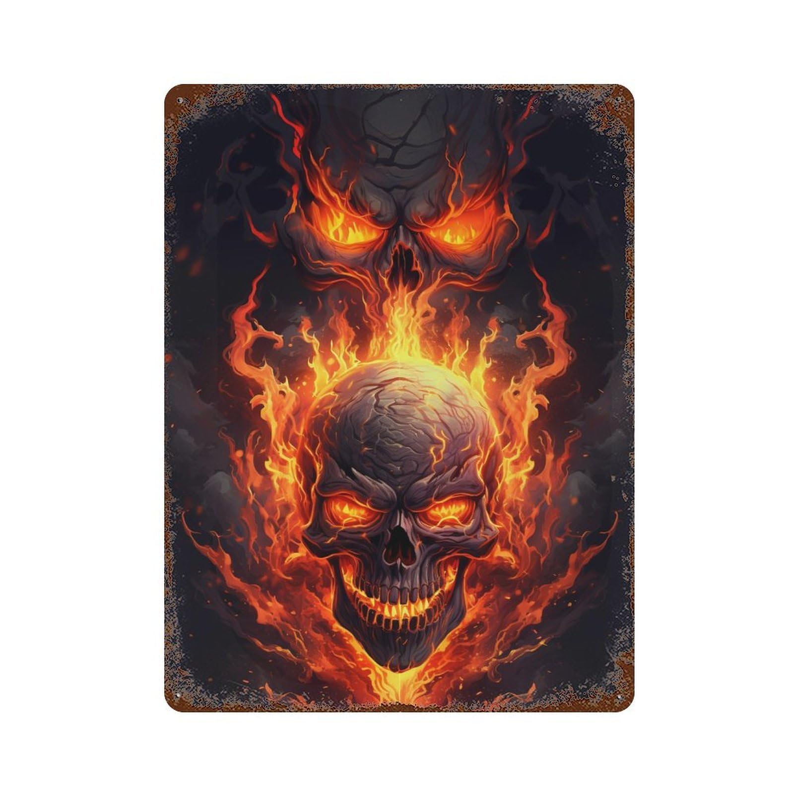 Garage Style Flaming Skull Artwork -1 Weathered Tin Sign 15.7"x11.8", Farmhouse Wall Decor for Bar And Workshop