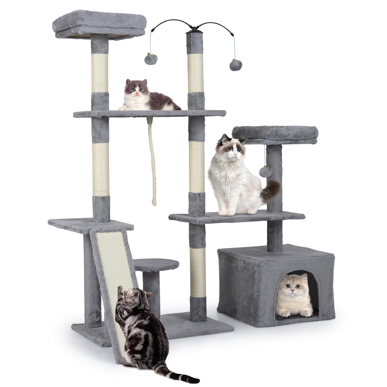 COSTWAY Cat Tree, 136cm Tall Multi-Layer Cats Tower with 2 Padded Perches, Large Condo, Sisal Scratching Posts, Ramp, Dangling Balls & Hanging Rope, Kitten Activity Center for Indoor Cats (Light Grey)