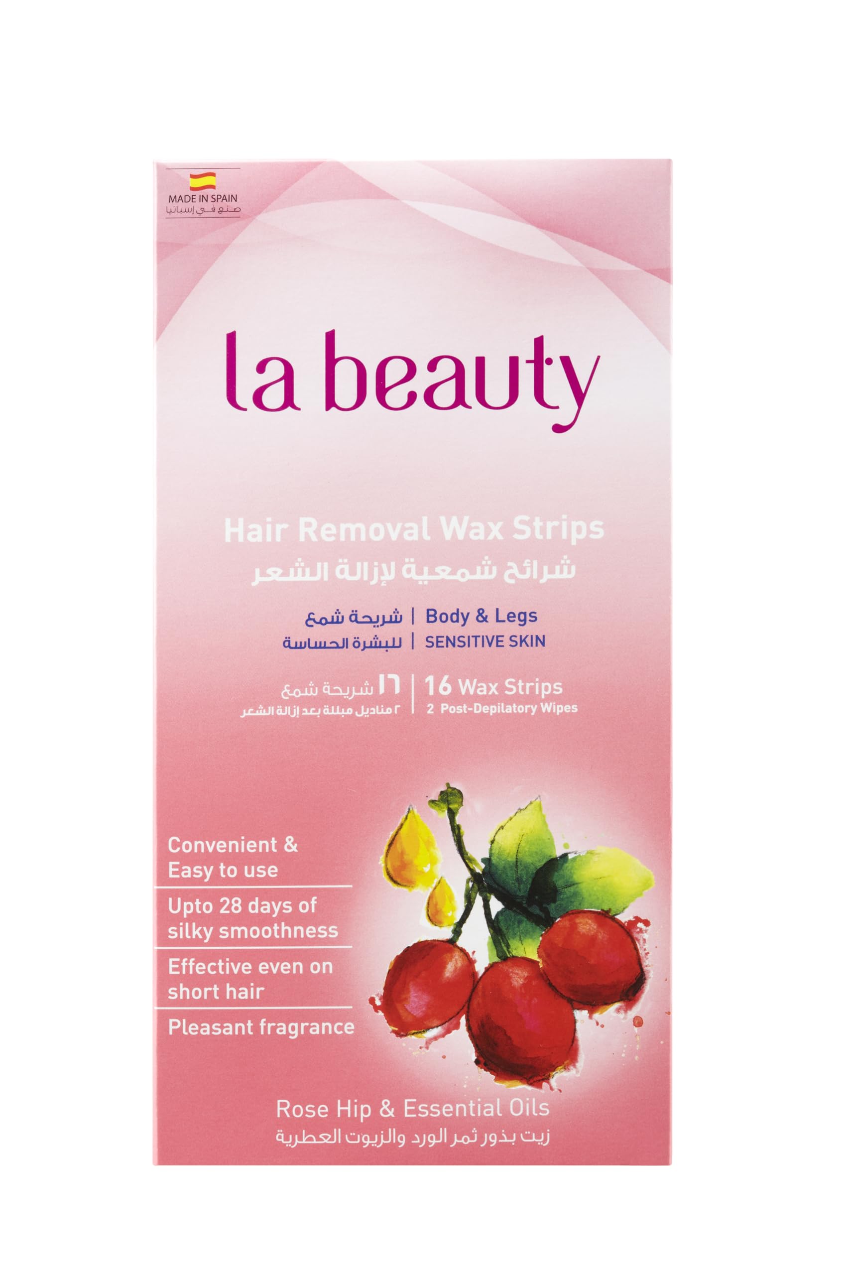 Hair Removal Strips Sensitive Skin | Enriched With Natural Extracts Of Rose Hip and Essential Oil | 16 Strips + 2 Finishing Wipes