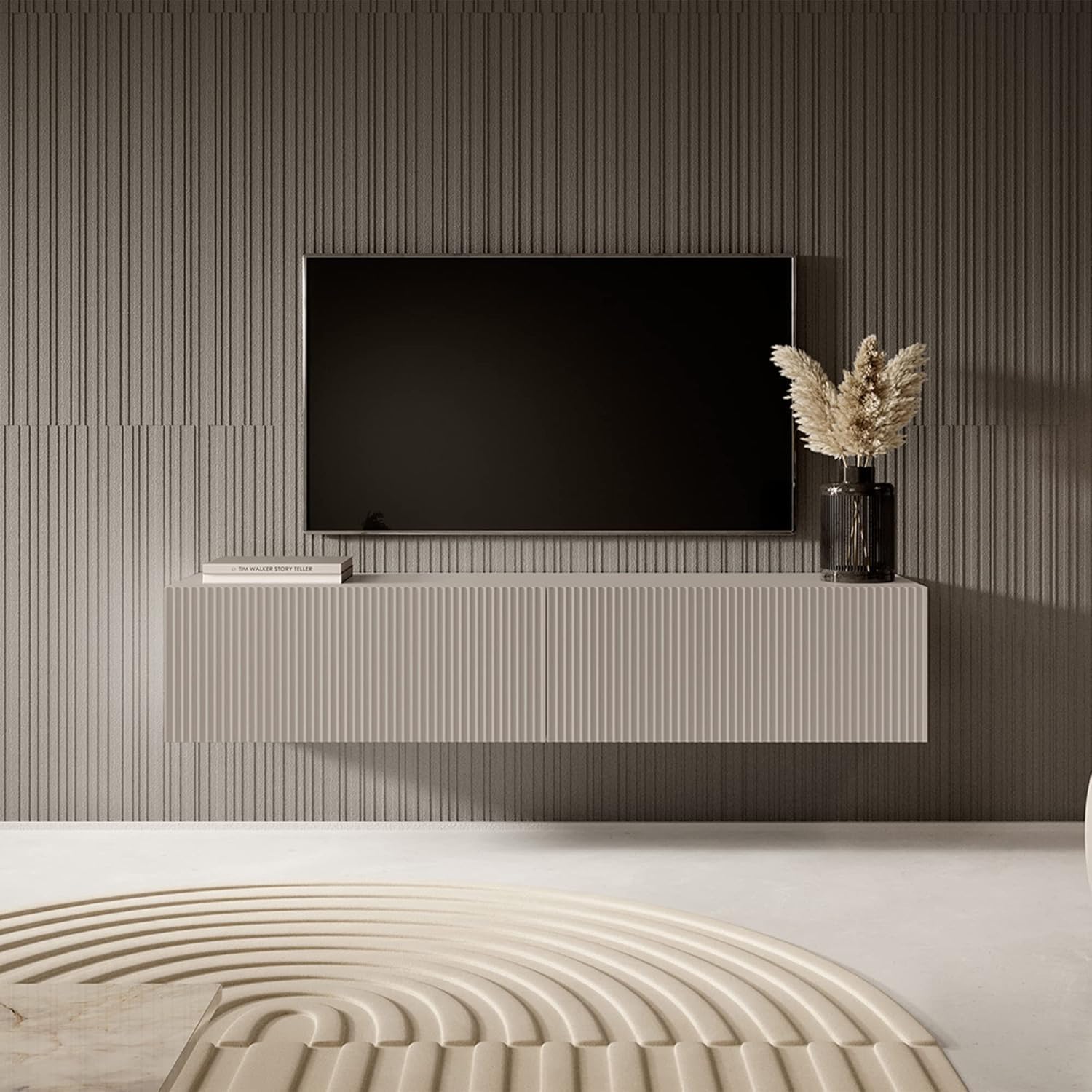 Selsey Mueble De TV Mesa De TV 140 cm Suspendido con Fachada Fresada Gris Beige Veldio