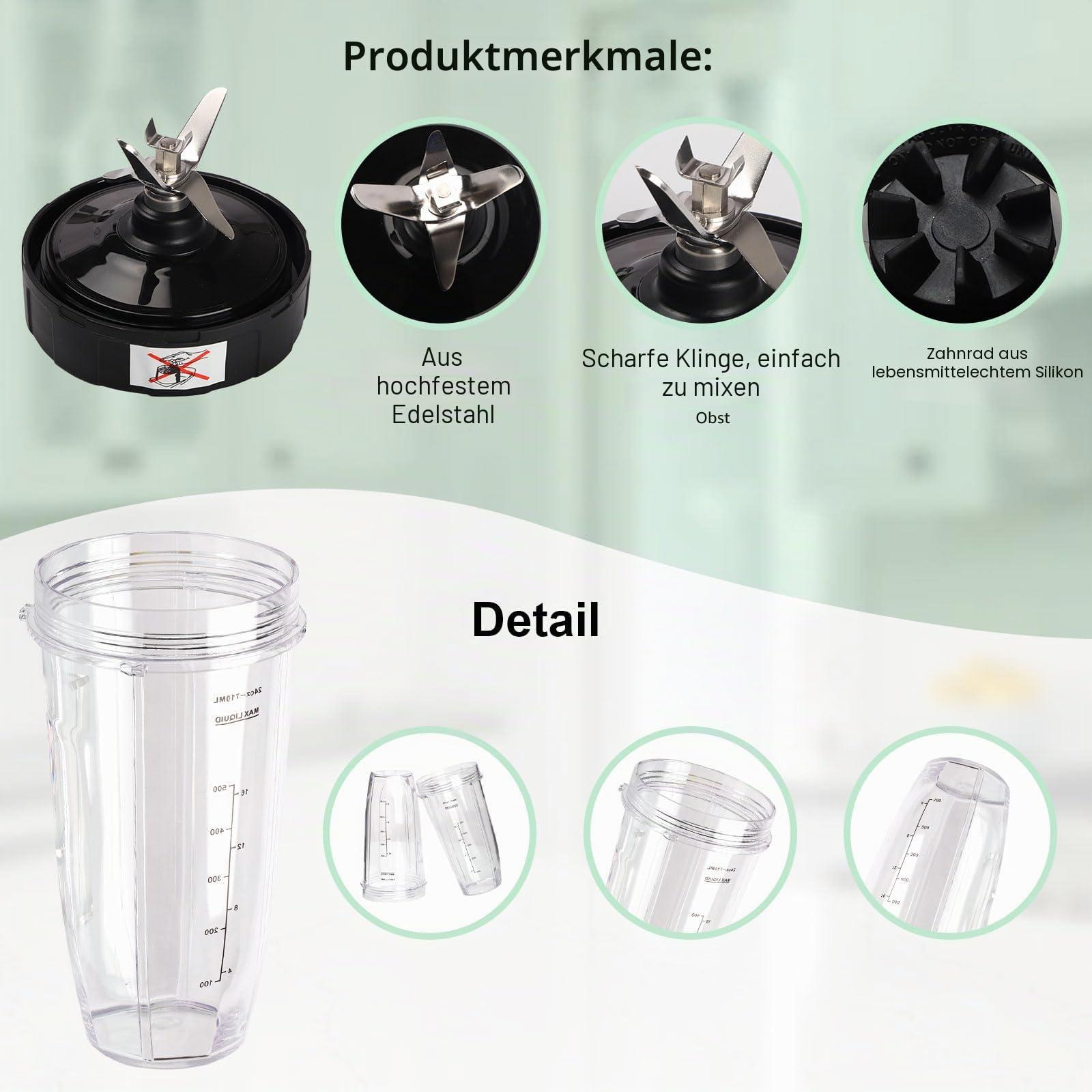 2 StüCk Mixer Becher Mit Deckel, Smoothie Flasche Glas 24Oz Becher Mit Einem Tragbaren Deckel Ersatzbecher + Deckelteilset FüR Ninja Mixer Bl2012/Bl480/Bl490/Bl640/Nn100A/Nn101