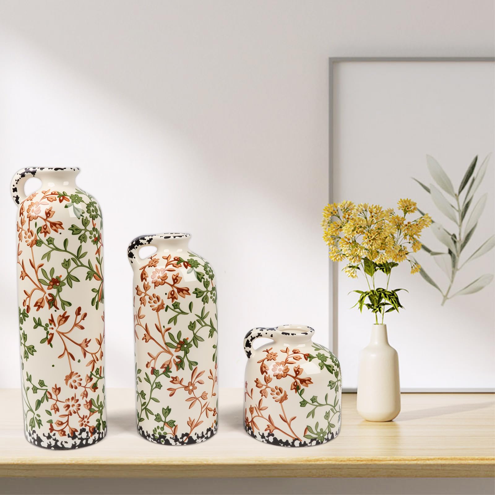 Keramik Vasen Set 3er Vintage Landhausstil, Blumenvase Groß & Klein mit Blumenmuster, Wasserdicht Dekorative Vase für Pampasgras & Trockenblumen, Rustikale Tischdeko Wohnzimmer Deko (Beige Floral)