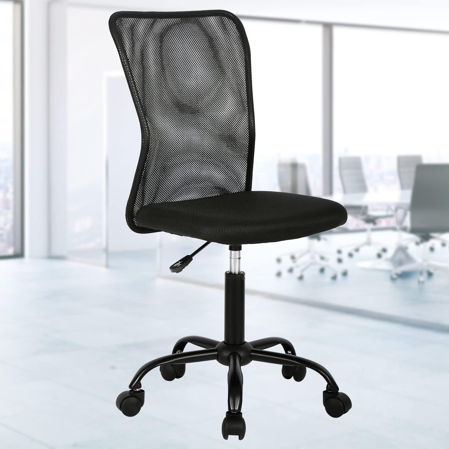 Modern Black Mesh Office Chair, Armless, Ergonomic, Rolling, Swivel, 250 lbs Weight Limit, 19" Seat Height, 16.3" Seat Depth, 40.4" Max Height, Black