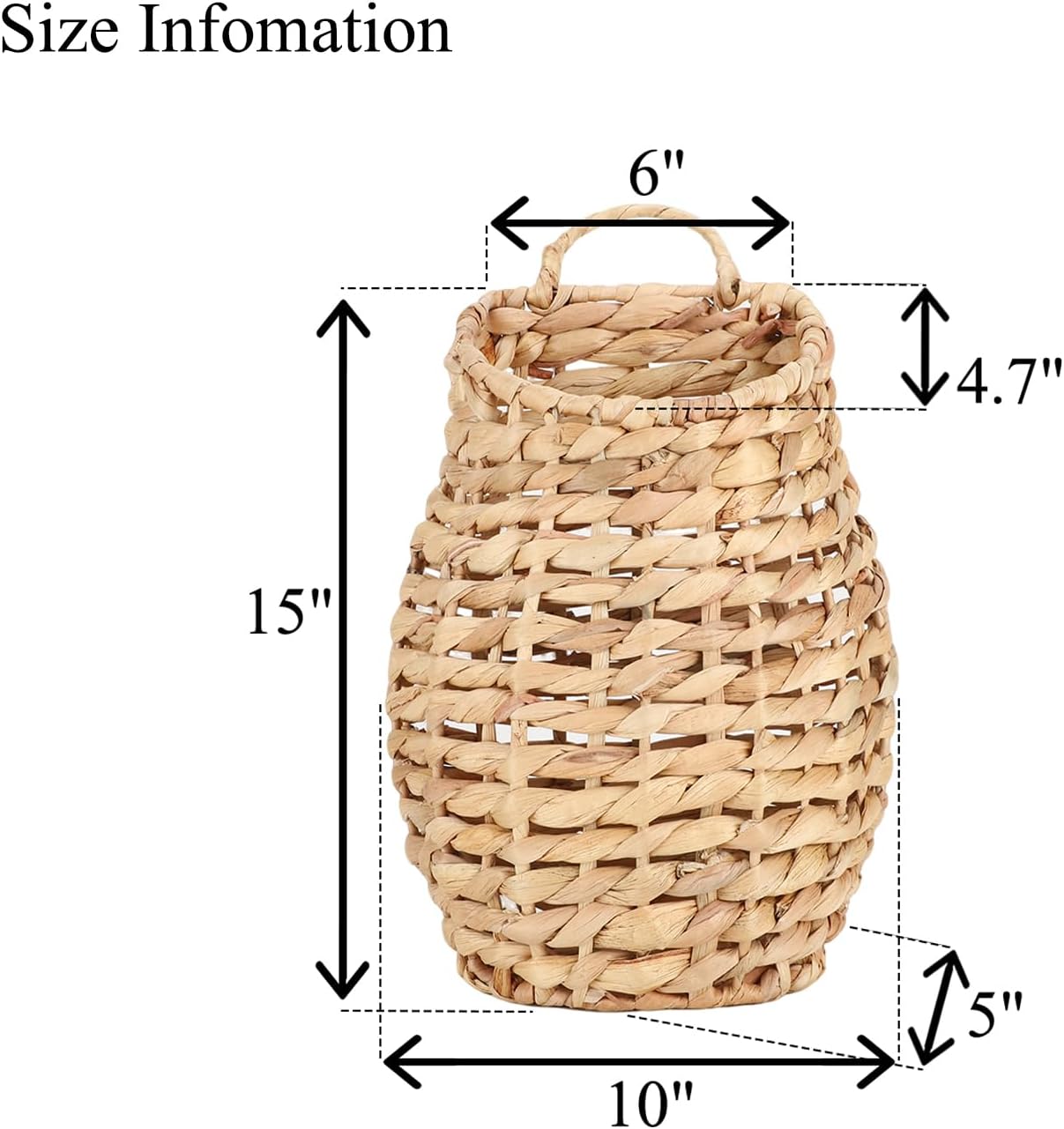 YRMT Water Hyacinth Woven Hanging Basket Wall Hanging Basket Decorative Front Door Basket Decor for Flower Plants Boho 15" x 10"
