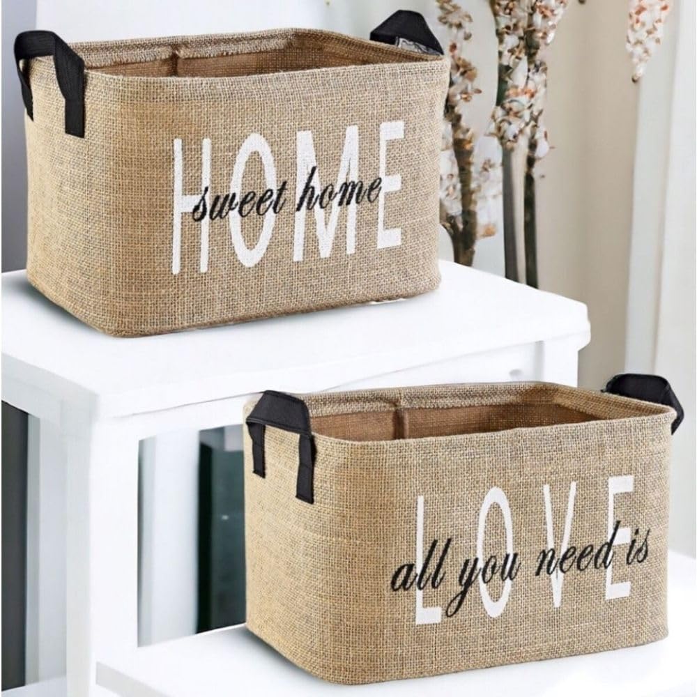 Prendi Home Lot de 2 paniers de rangement pliables en toile de jute avec poignées – Organisateur pour chambre d’enfant, linge, jouets et penderie – Éco-responsable et compact