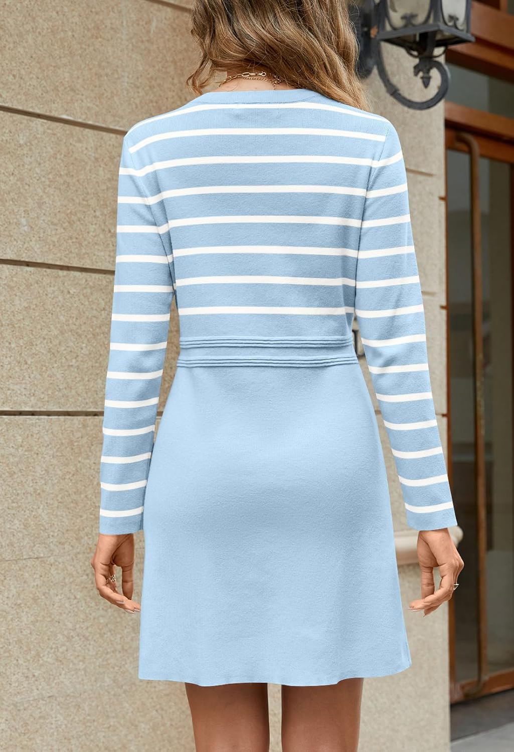 MEROKEETY Women's Long Sleeve Striped Sweater Dress Button Crewneck Fall Bodycon Formal Mini Dresses - Image 4