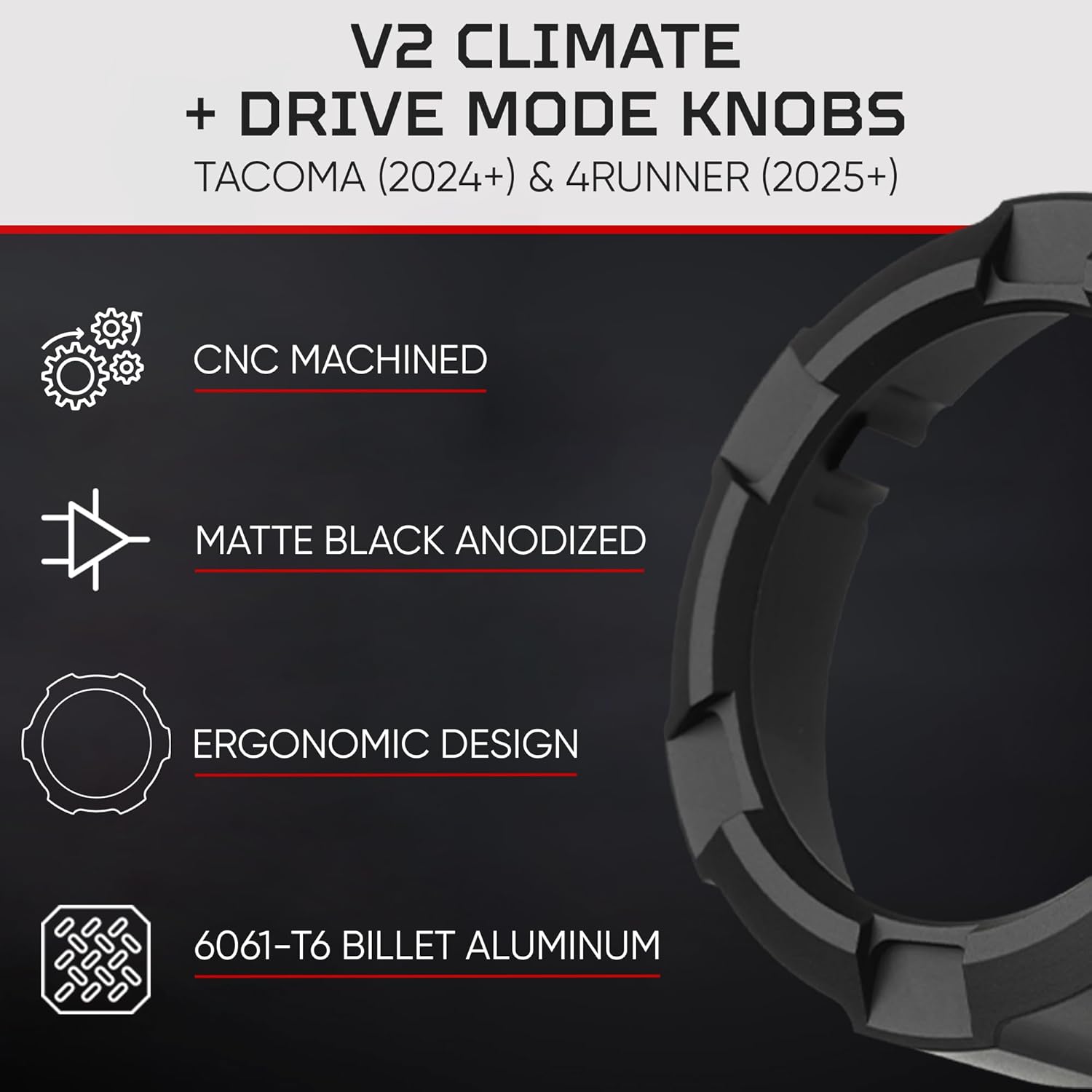 AJT DESIGN V2 Climate + Drive Mode Knob Covers for 2024+ Toyota Tacoma & 2025+ 4Runner (Tall Drive Mode Knob) – Black | Car Button Covers | Billet Aluminum Knobs Set | Interior Trim Upgrade