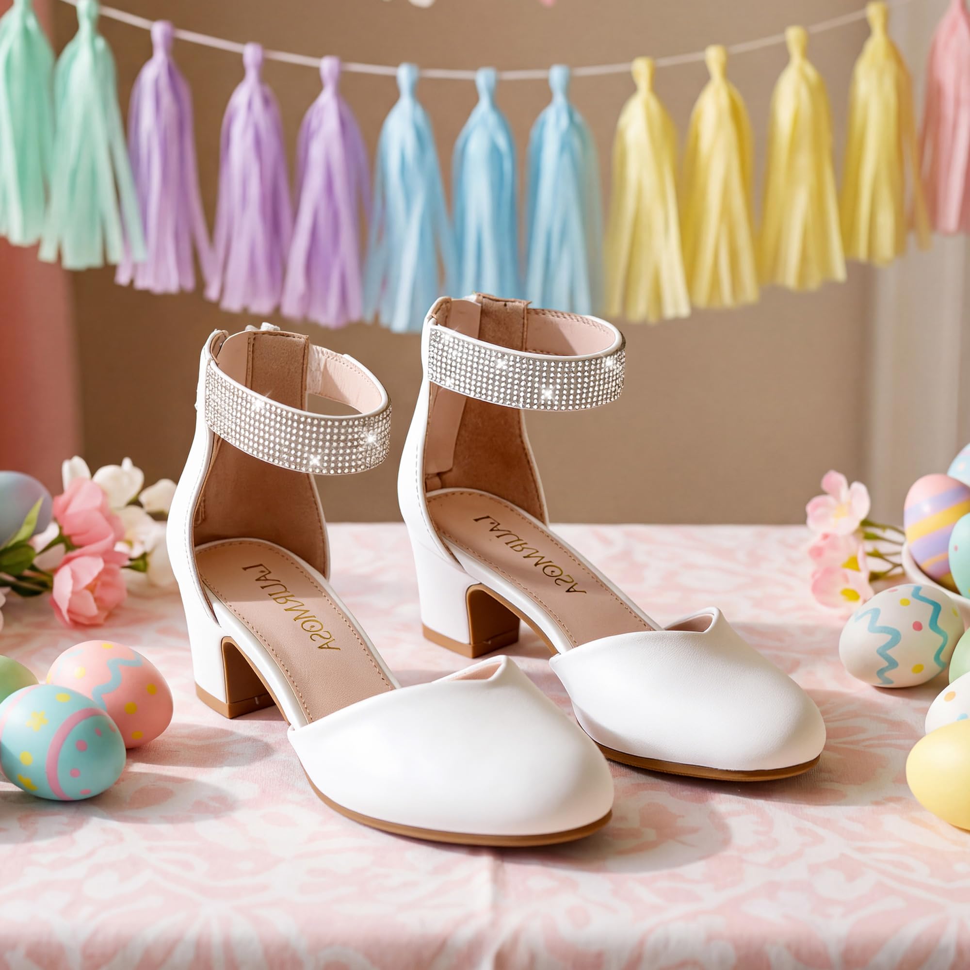 LAURMOSA Mädchen Pumps mit Strass Riemchen Stöckelschuhe Kinder Geschlossene Zehenkappe Festliche Schuhe für Hochzeit Party Geburtstag