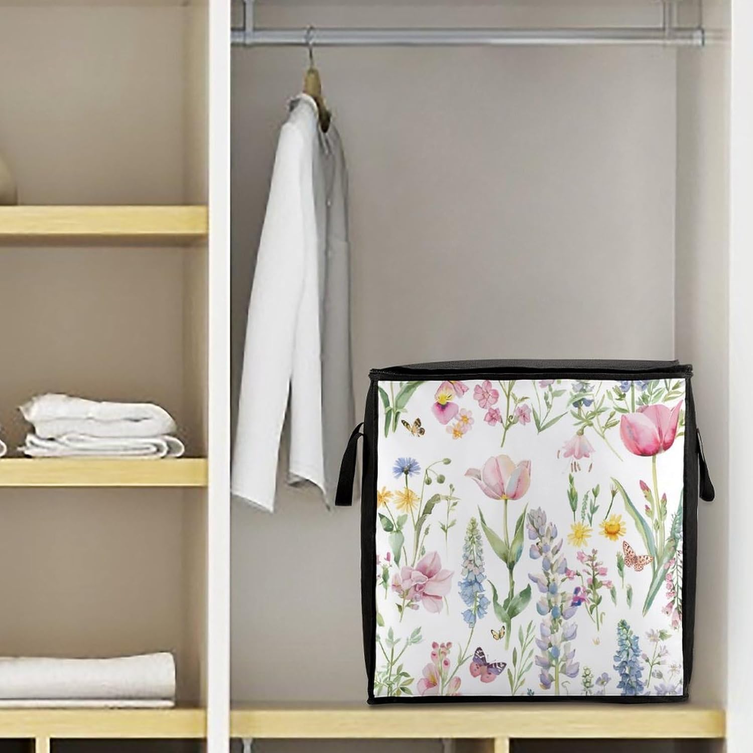 Flowers Tulip Butterflies Large Comforter Blanket Storage Bags Bins 70L Closet Organizer with Handles