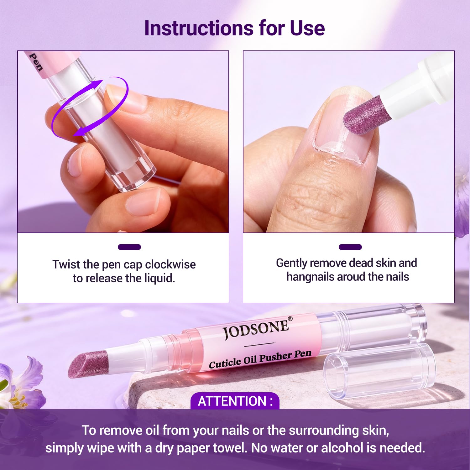 JODSONE Penna per Cuticole con Olio 2 ml, 2-in-1, Punta Inclinata a 45° per Pelle Aggredita e Cuticole Secche, Idrata, Rinforza, Dona Lucentezza, Profumo di Lavanda