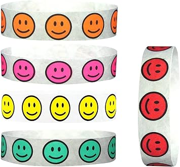Event Wristbands Happy Face 1,000 Count Variety Pack | 34 Arm Bands | 200 Each Yellow, Pink, Orange, Red & Aqua | Paper-Like Party Armbands