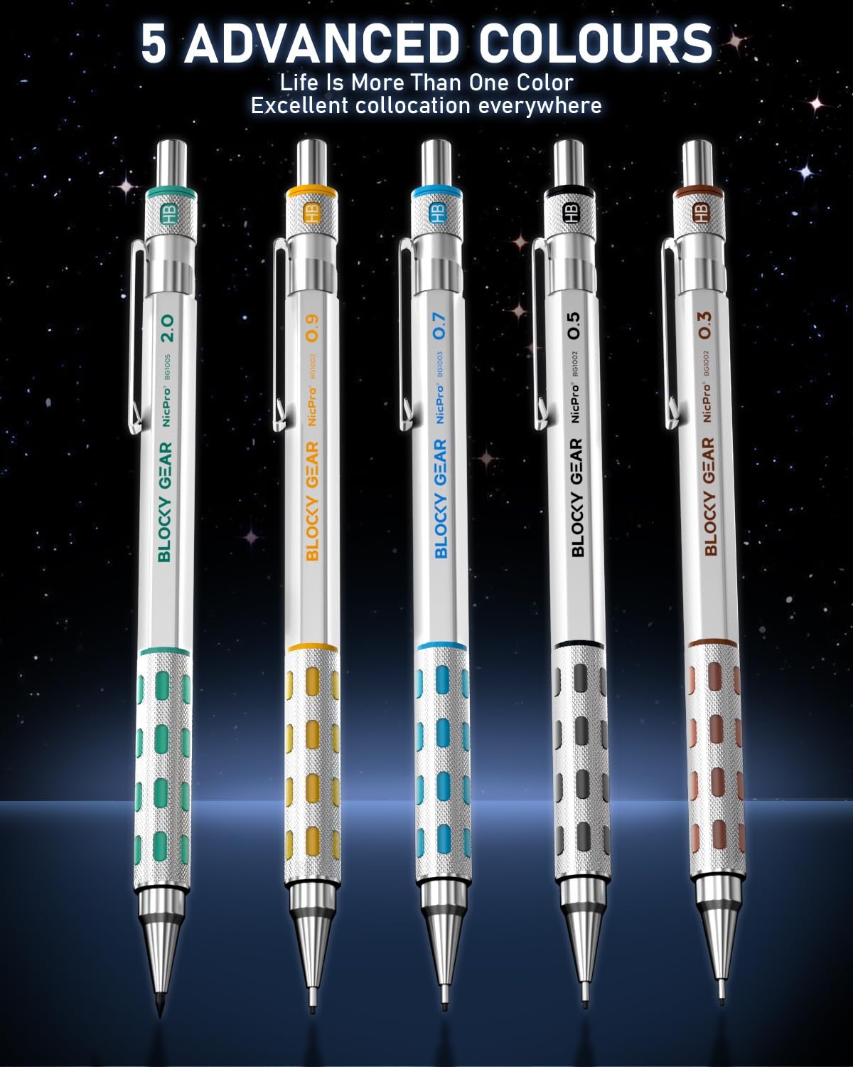 Nicpro Blocky Gear, set di matite meccaniche in metallo con custodia in pelle, 29 matite da disegno artistico da 0,3, 0,5, 0,7, 0,9 e 2 mm, con 330 mine (HB 2H 4H 2B 4B 6B colore) per scrivere schizzi