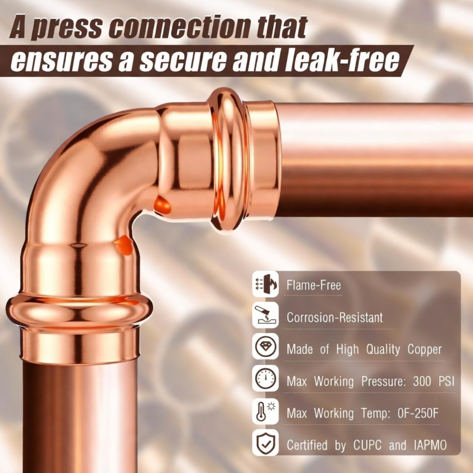 Therwen Accesorios de prensa de tubería de cobre, acoplamiento de codo de 90 grados, sin plomo, adaptador de prensa de codo para fontanería (3/4 pulgadas, color cobre rojo, 15 piezas)