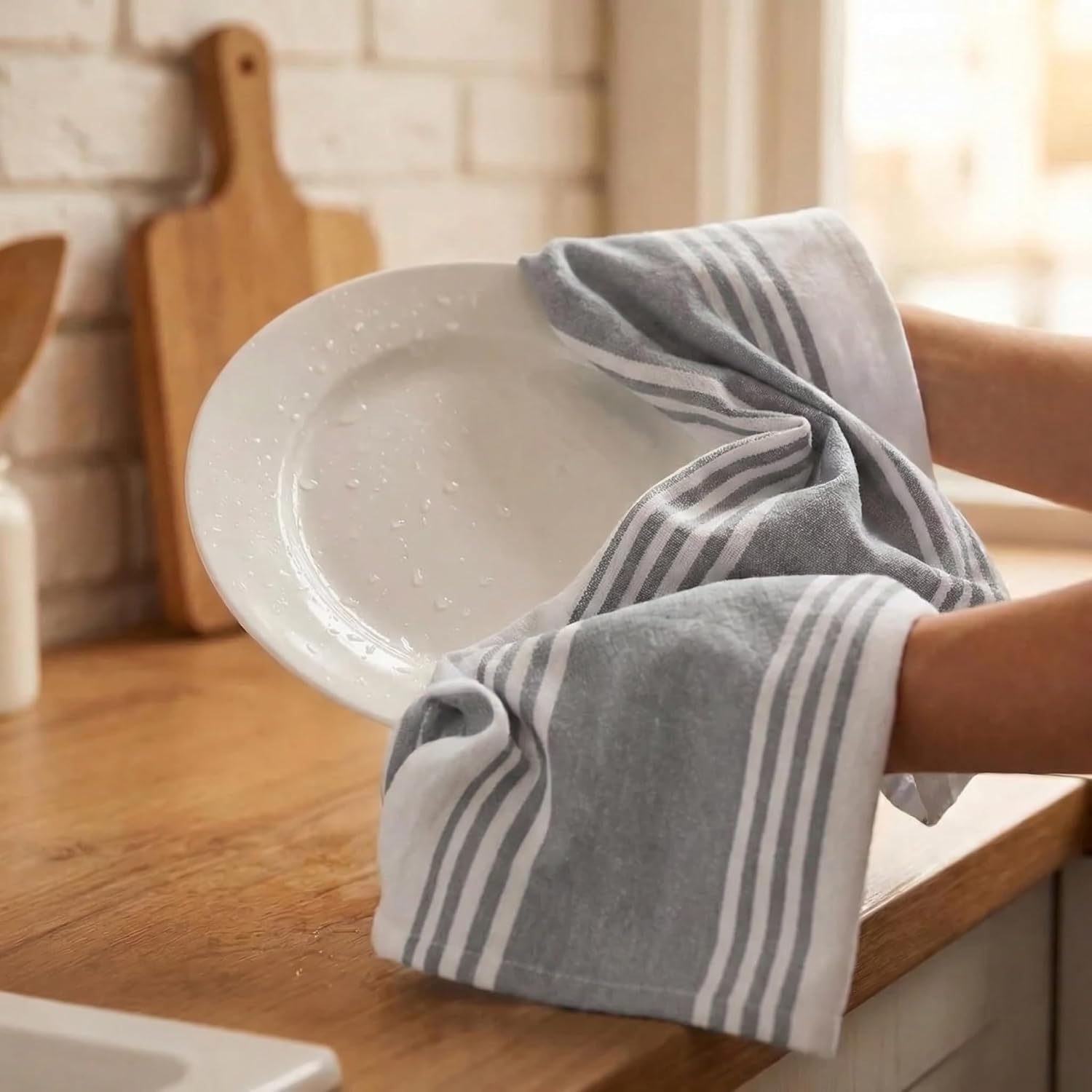 Urban Villa Kitchen Towels 100% Cotton Dish Towels for Kitchen (Set of 6) 20”x30” Dish Cloths Highly Absorbent Kitchen Linen Set with Hanging Loop Perfect for Drying Dishes Cleaning Towels-Grey White 005 Dove Grey/White 20