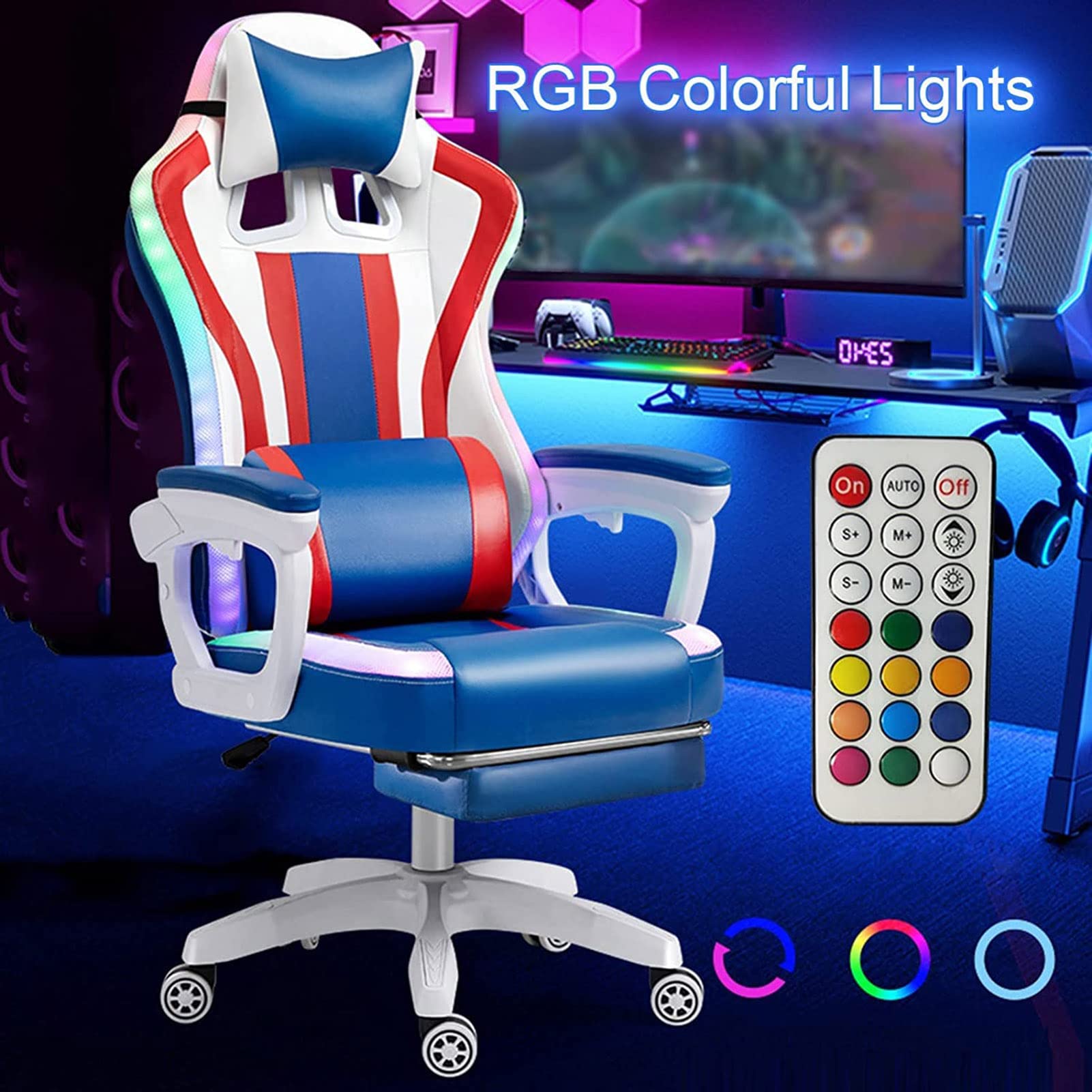 Żółte krzesło gamingowe z oświetleniem LED, ergonomiczne, 7-punktowe krzesło komputerowe dla dorosłych i nastolatków, wyścigowe krzesło do gier wideo