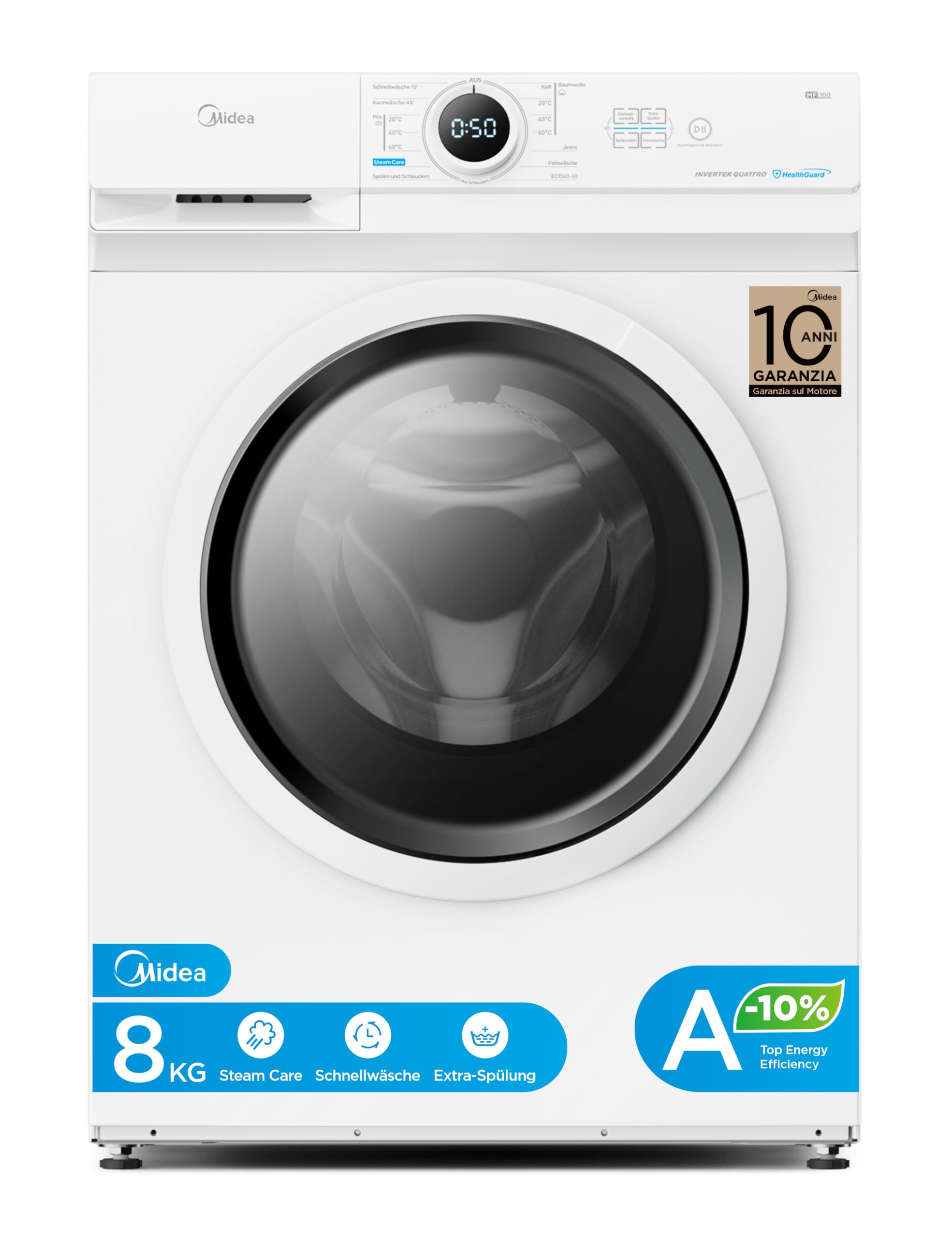 Midea MF10EW80BA10 Waschmaschine / 8kg / 1400 U/Min/EEK A-10%/Inverter Quattro Motor/Dampffunktion/Grosse Trommel/Nachlegefunktion/Kindersicherung/AquaStop, Weiß