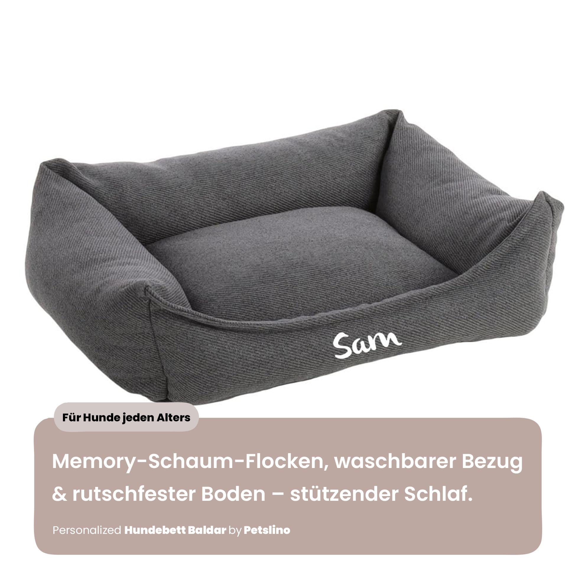Personalizable Cama para Perros Baldar L Gris Oscuro – Espuma viscoelástica & Funda Lavable – Base Antideslizante – para Perros Grandes – Personalizada con Nombre – Petslino