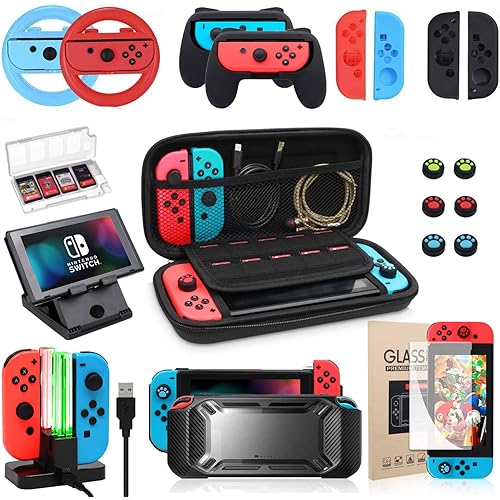 Switch Accessories Bundle, Kit with Carrying Case, Protective Case with Screen Protector, Compact Playstand,Game Case, Joystick Cap, Charging Dock, Grip and Steering Wheel for Nintendo Switch(20-in-1)