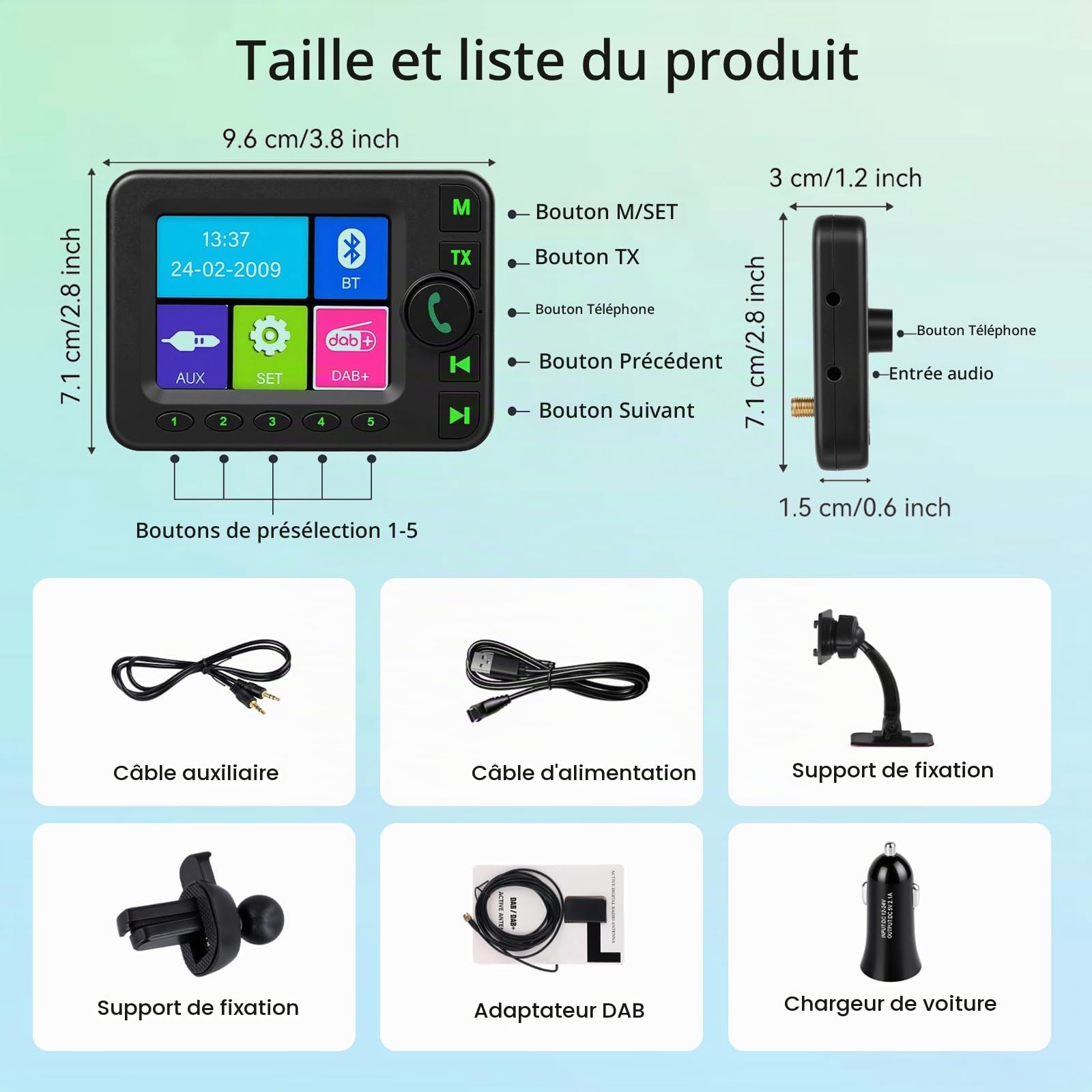 Roinvou Adaptateur Dab+ Portable pour Auto Radio avec Écran LCD 2,4 Pouces, Mains Libres Bluetooth, Émetteur FM, Entrée AUX, Port TF – Récepteur Radio Numérique