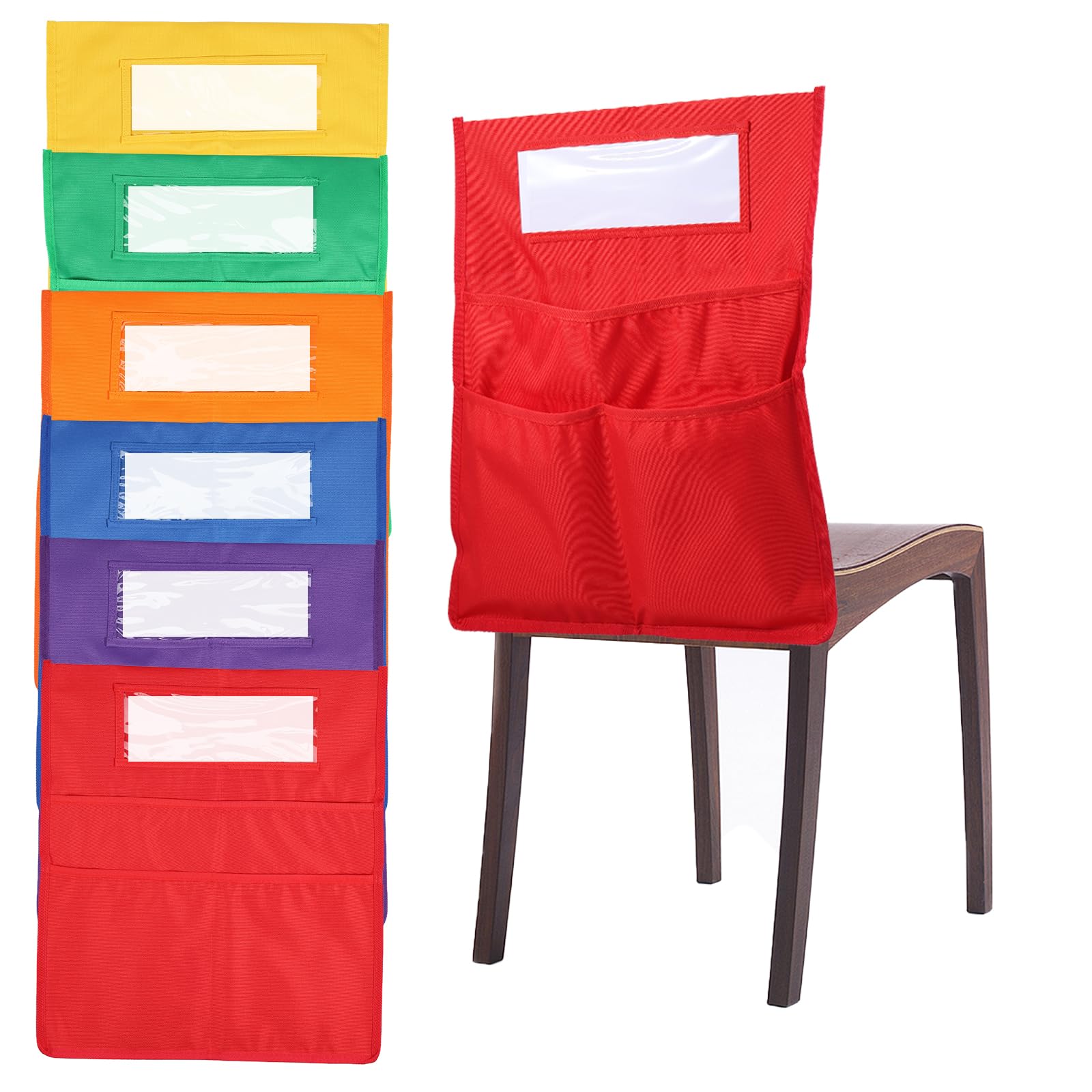 Cbwerbb Purple, Orange, Green, Yellow, Blue, Red 6Pcs Classroom Chair Pocket Organizer With Student Name Tag 42X48cm Chairback Bags W/ 3 Pockets School Seat Storage For Home School Organization