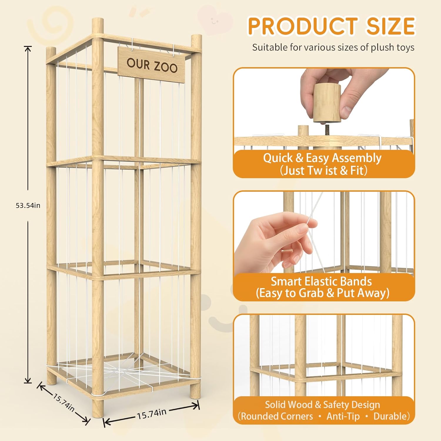 Stuffed Animal Storage Organizer, 53.5" Solid Wood Zoo Toy Holder for Kids Bedroom, Nursery & Playroom, Large Plush Toy Storage Holder, Holds 40 Plush Stuffed Animals, No-Tool Easy Assembly - Image 4