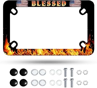 Motorcycle Blessed License Plate Frame American Flag Flame Stainless Steel Material Funny Motorbike License Plate Holder Motorcycle Accessories 7" X 4" Inch
