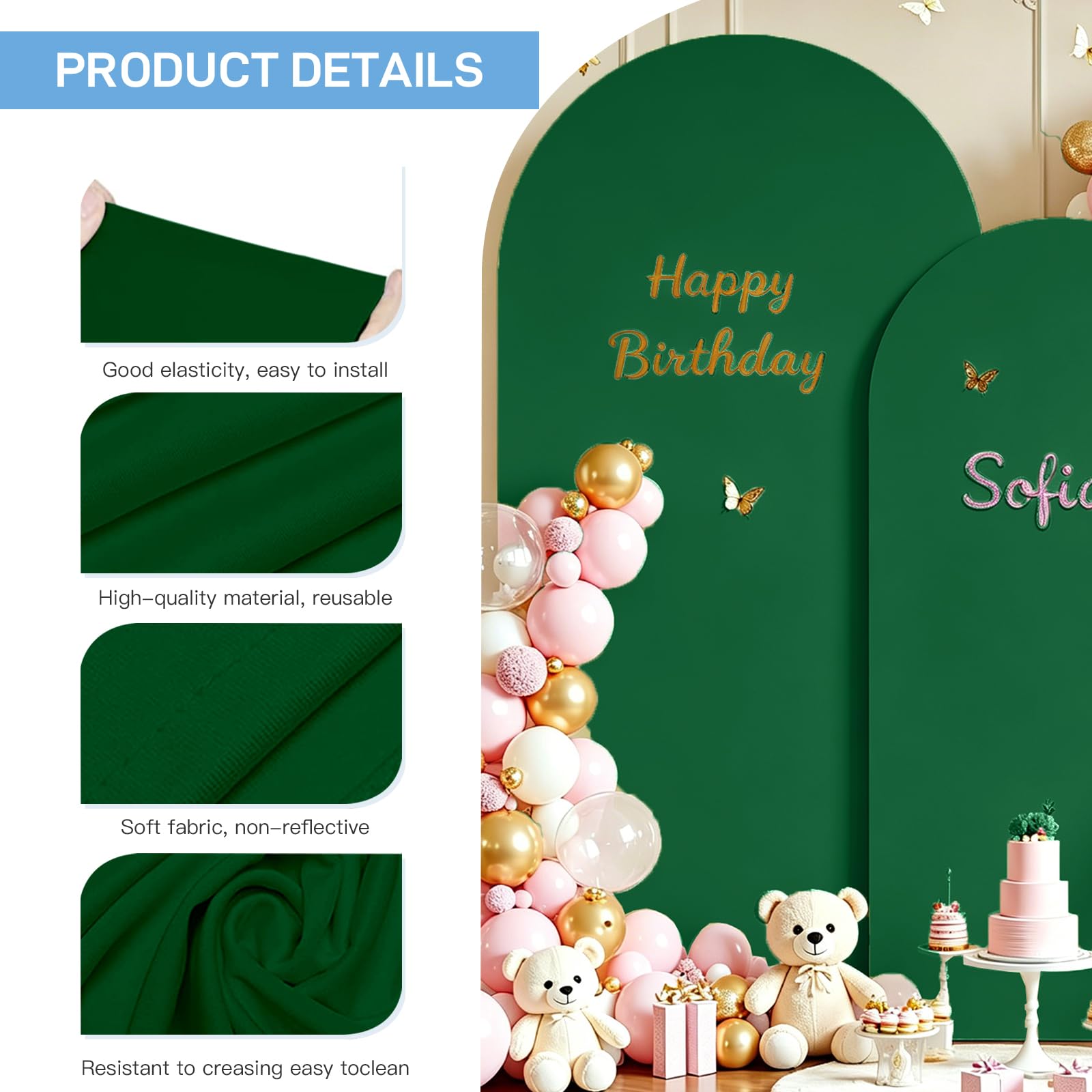 Couverture de fond pour arche de mariage, arche de ballon, toile de fond murale, couverture de fond pour fête d'anniversaire, cérémonie, banquet (vert foncé, 1,8 m, 2 m, 2 m)