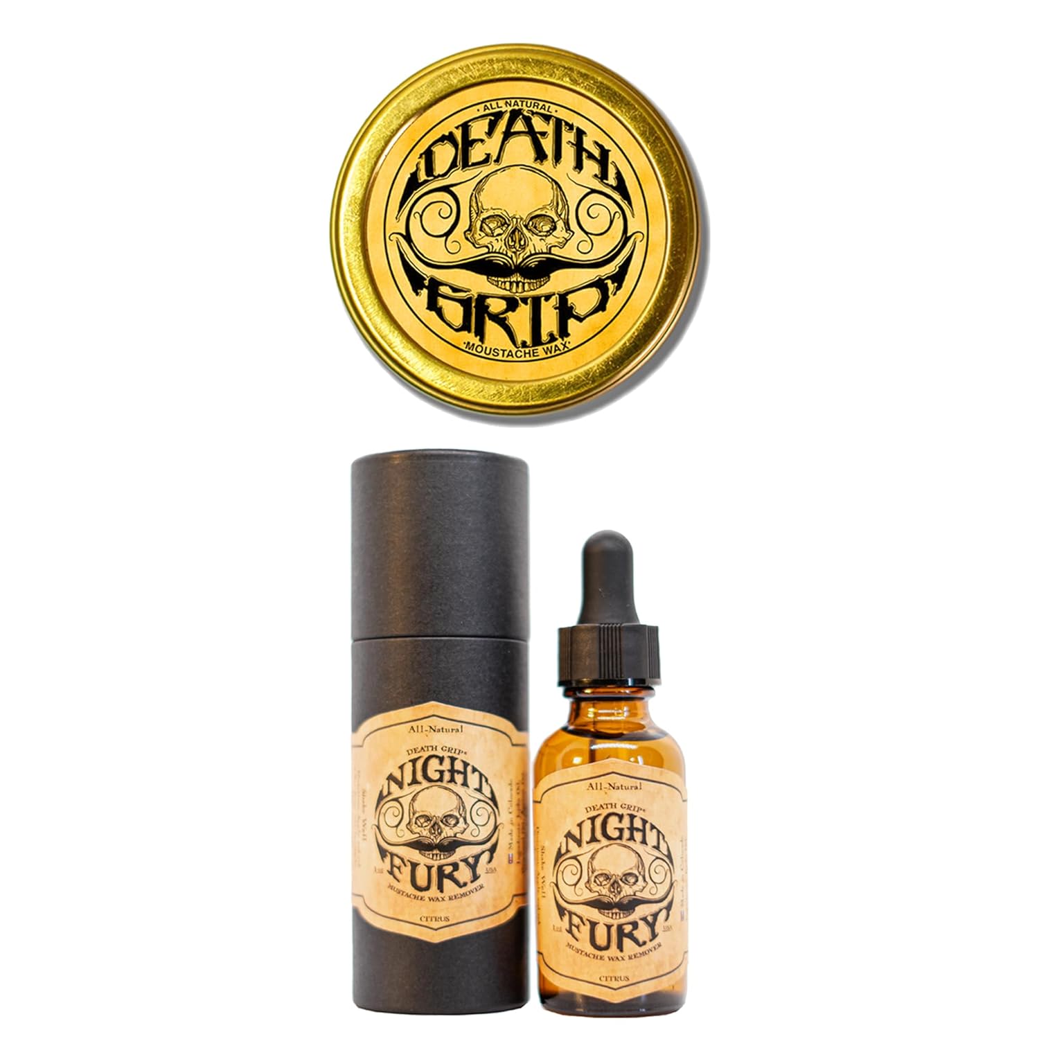 THE VINTAGE GROOMING CO. Death Grip Extra Strong Mustache Wax and Night Fury Mustache Wax Remover Oil Set