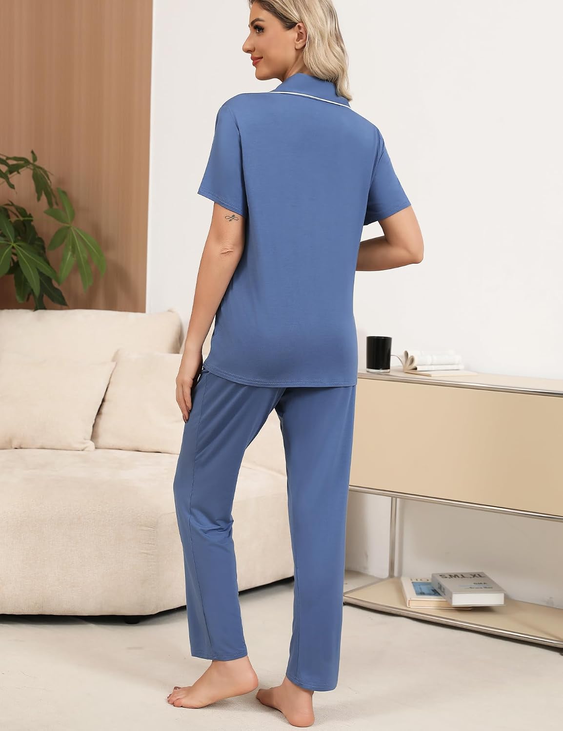 Anjue Pajamas for Women Soft Button Up Pajama Set Short Sleeve Shirt and Long Pants Lounge Sets S-XXL