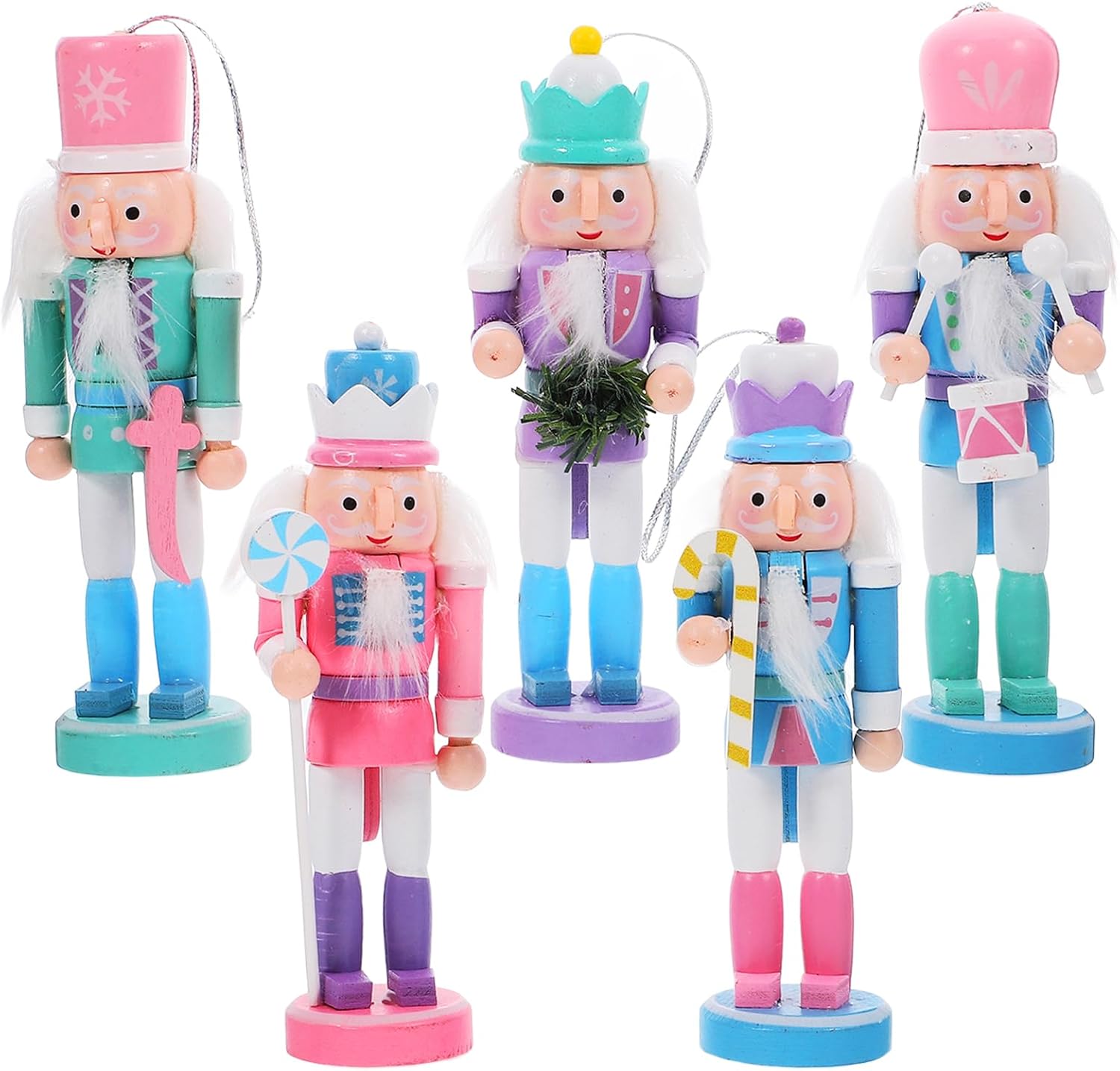 CLISPEED 5Pcs Christmas Nutcracker Ornaments: 13cm Wooden Nutcracker Soldier Figures Hanging Decorations for Xmas Tree Table Decorations Mini Christmas Nutcrackers Pendant, Macaron Color