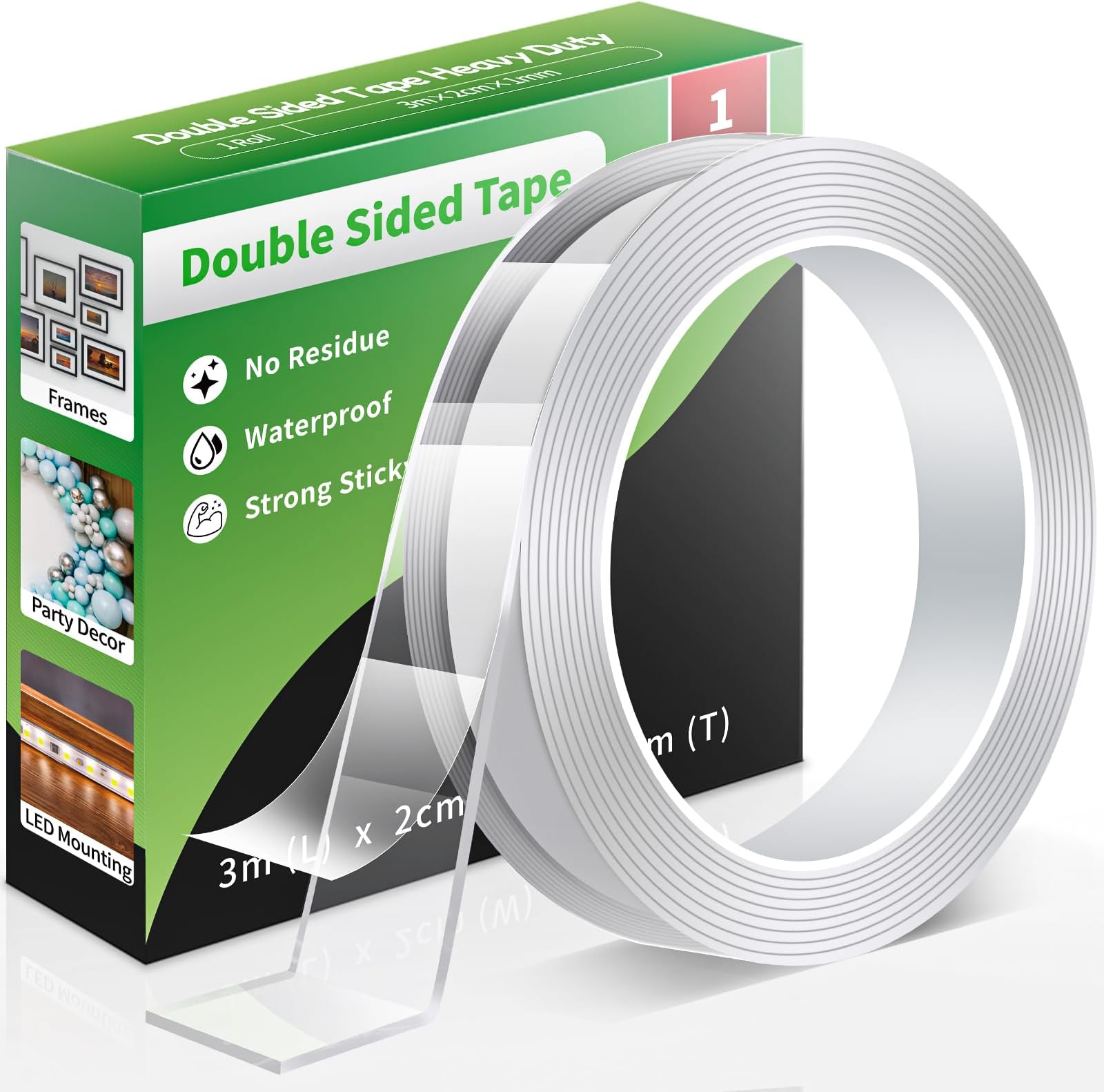 Euqvunn Double Sided Tape Heavy Duty, Removable Strong Sticky Nano Adhesive Strips, Clear Mounting Tape for Poster/Wall Hanging/Carpet 1 Roll (3.0 Meter × 2.0 cm × 1 mm)