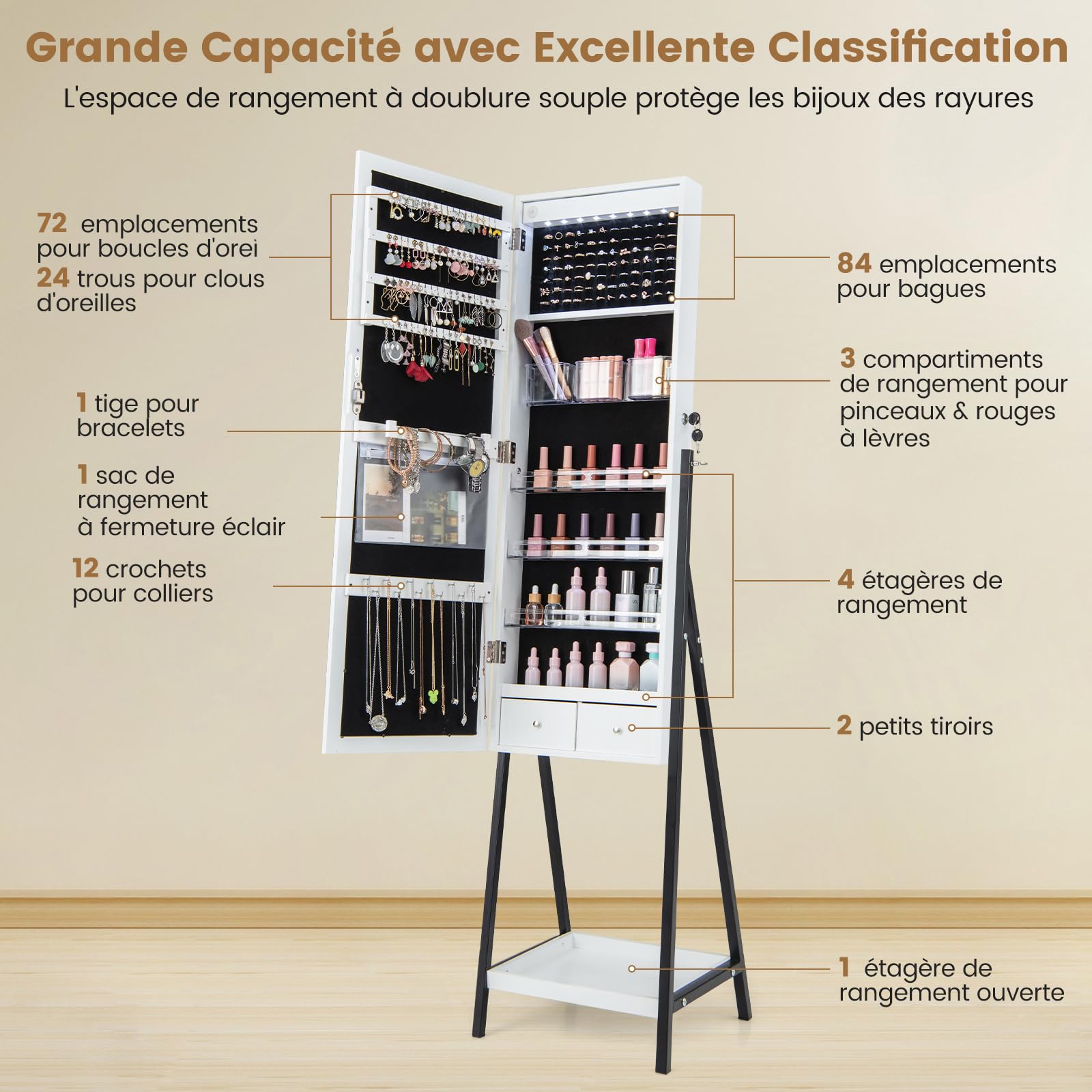 COSTWAY Armoire à Bijoux sur Pied, Miroir Pleine Longueur avec Lumières LED 3 Couleurs, Interrupteur Tactile, Porte Verrouillable(Blanc)