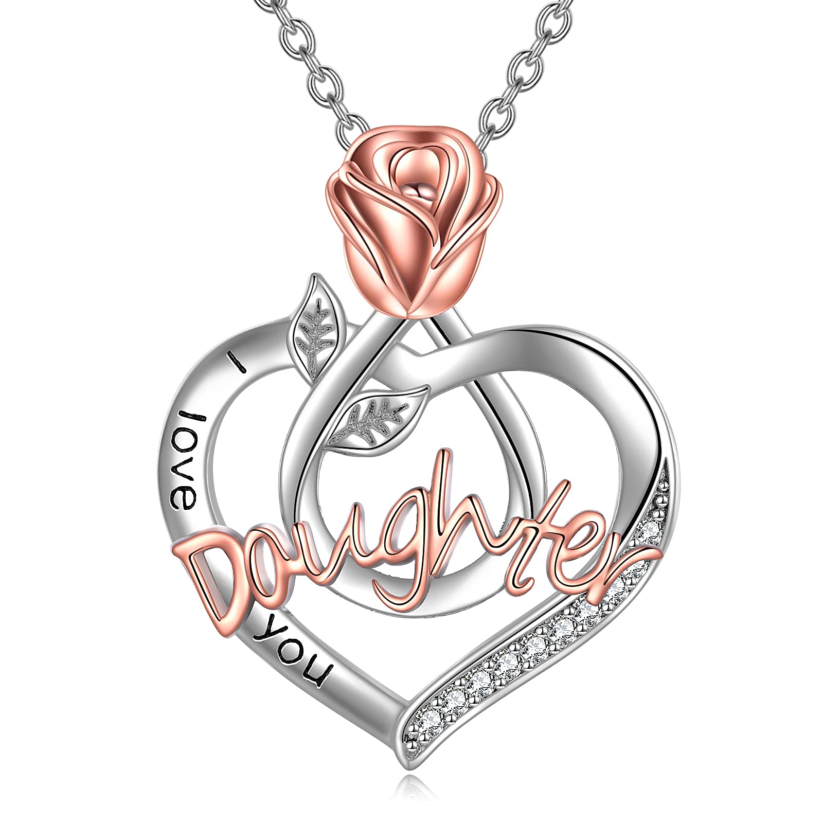 POPKIMI Gifts for Daughter Sterling Silver I Love You Daughter Necklace with Rose Flower
