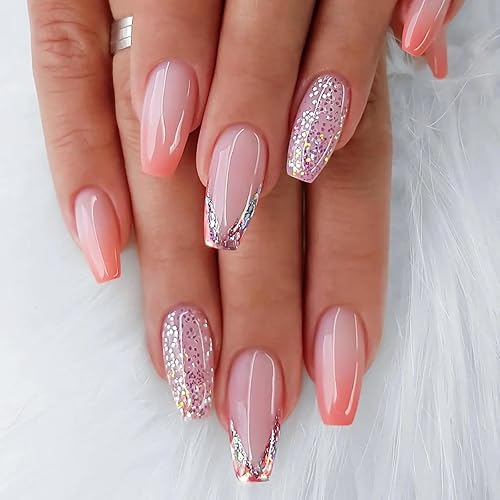Uñas postizas de punta francesa a presión de ataúd medianas, color rosa nude, degradado, brillantina, diseños de acrílico, pegamento en las uñas