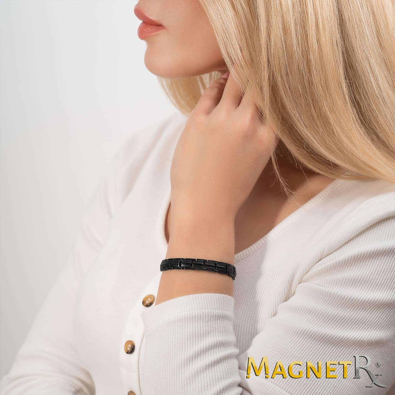 MagnetRX® Pulseras Magnéticas Mujer - Pulsera Magnética Terapéutica de Titanio con 40 Imanes Potentes - Pulsera Ajustable con Herramienta de Tamaño Incluida (Negra)