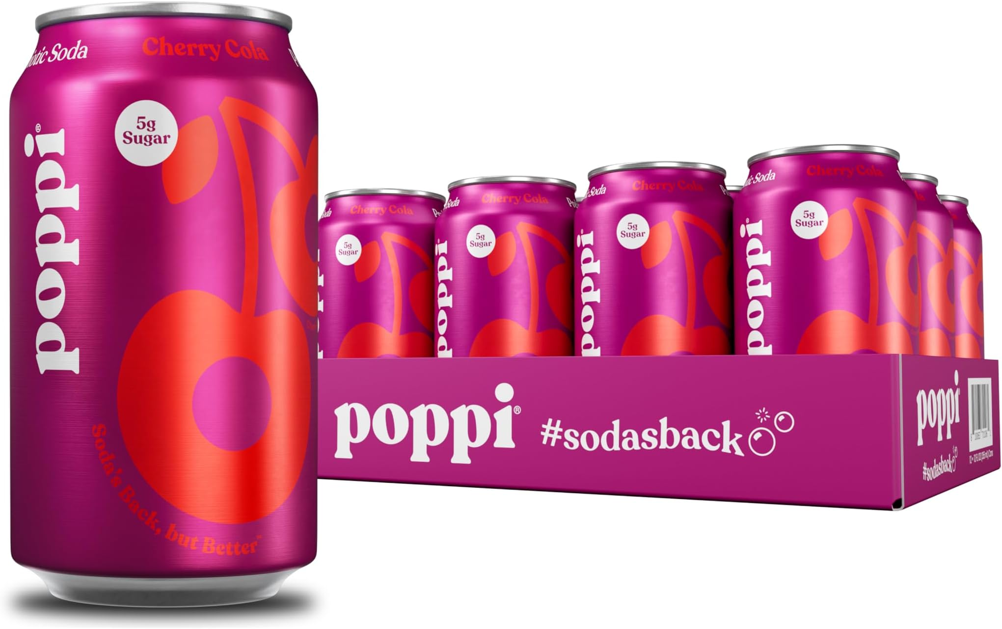 Sparkling Prebiotic Soda Beverage with Apple Cider Vinegar, Seltzer Water and Fruit Juice, Cherry Cola Flavor, 12 oz, Pack of 12, Packaging May Vary.