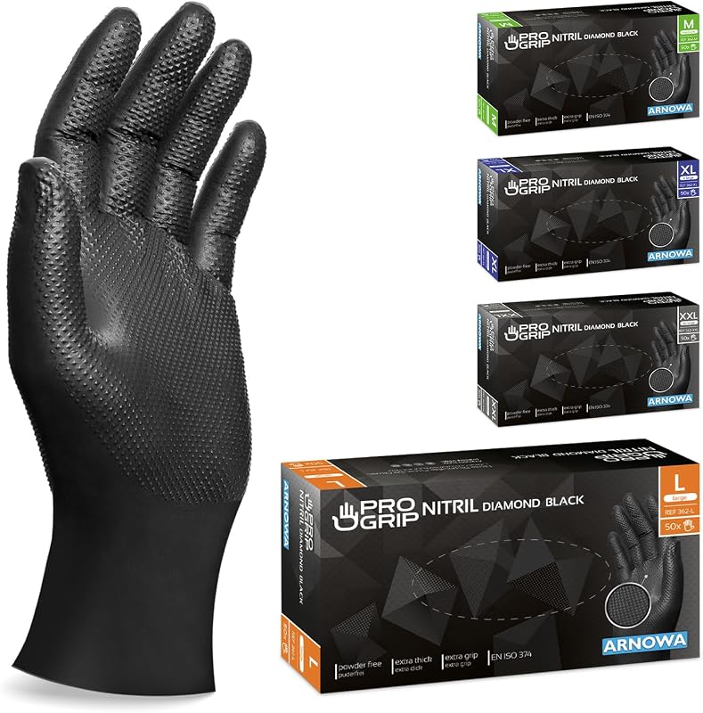 50x PROGRIP Gants nitrile taille L Noir [Avec double épaisseur et texture diamantée], Gants nitrile à usage unique pour atelier, industrie et montage, Gants nitrile à usage unique
